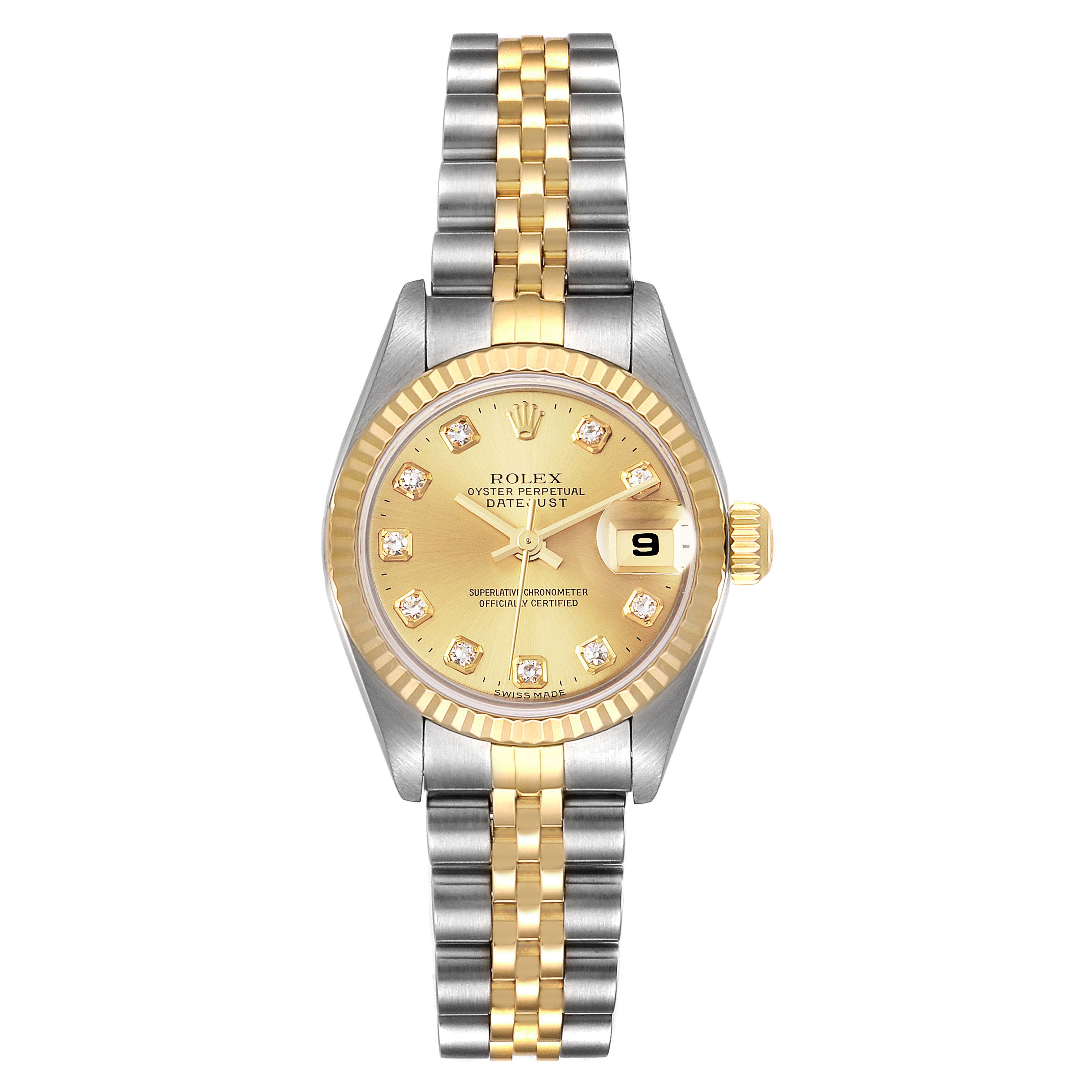The image shows a front view of the Rolex Datejust 79173 Women's Steel and Gold (two tone) Champagne Dial 79173 Women's Steel and Gold (two tone) Champagne Dial watch, highlighting its dial, bezel, and two-tone bracelet.