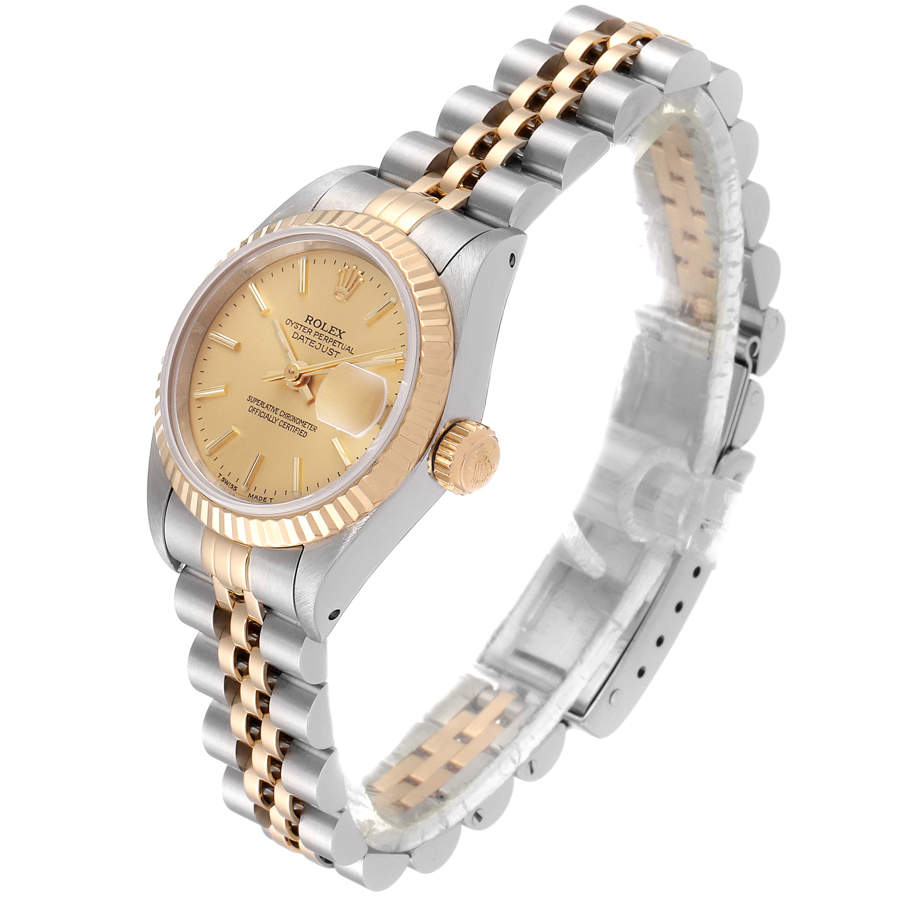 The image shows a side and angled view of a Rolex Datejust 69173 Women's Steel and Gold (two tone) Champagne Dial 69173 Women's Steel and Gold (two tone) Champagne Dial watch featuring a two-tone bracelet and a gold dial.