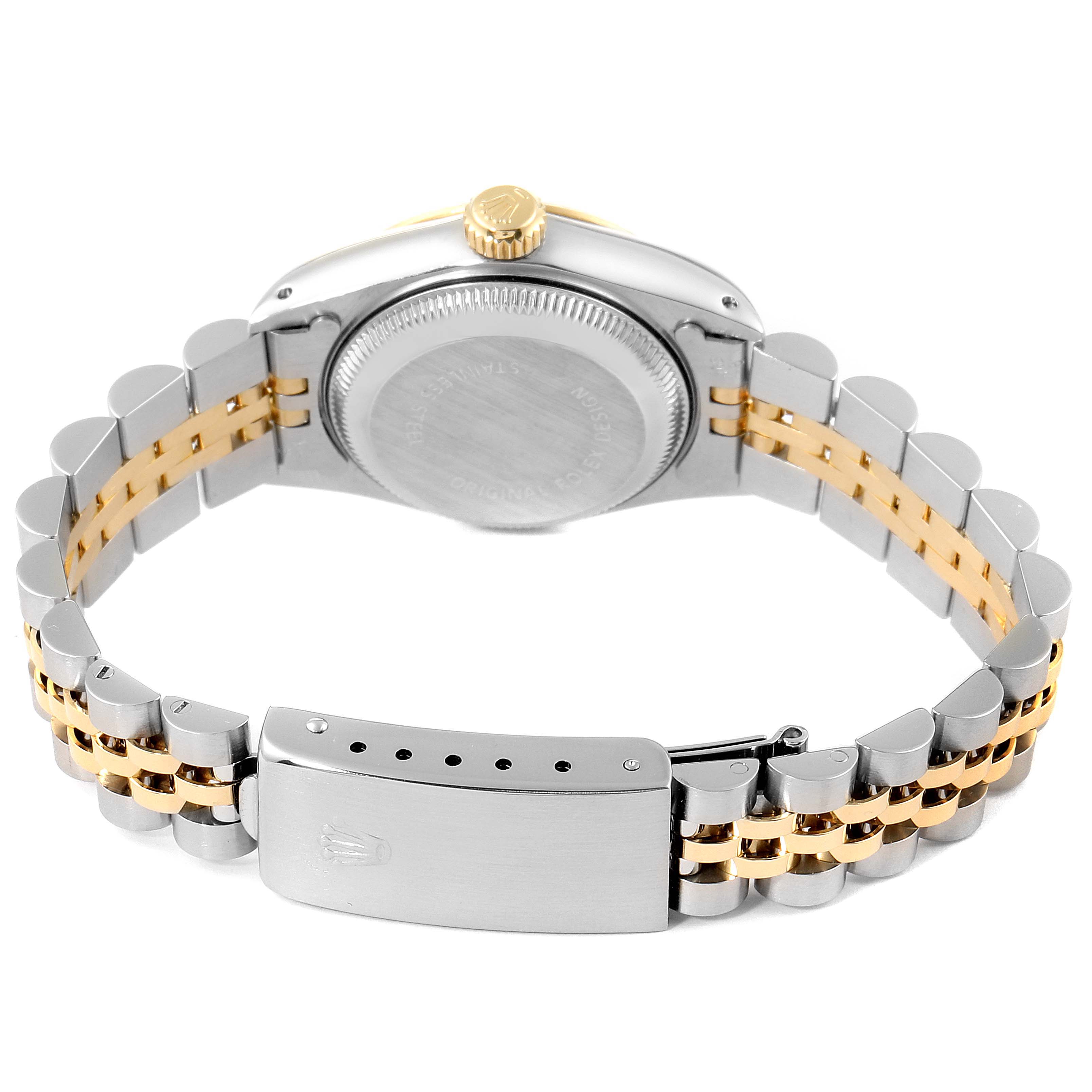 This image shows the back view of a Rolex Datejust 69173 Women's Steel and Gold (two tone) Champagne Dial 69173 Women's Steel and Gold (two tone) Champagne Dial watch, highlighting the case back, crown, and two-tone bracelet.