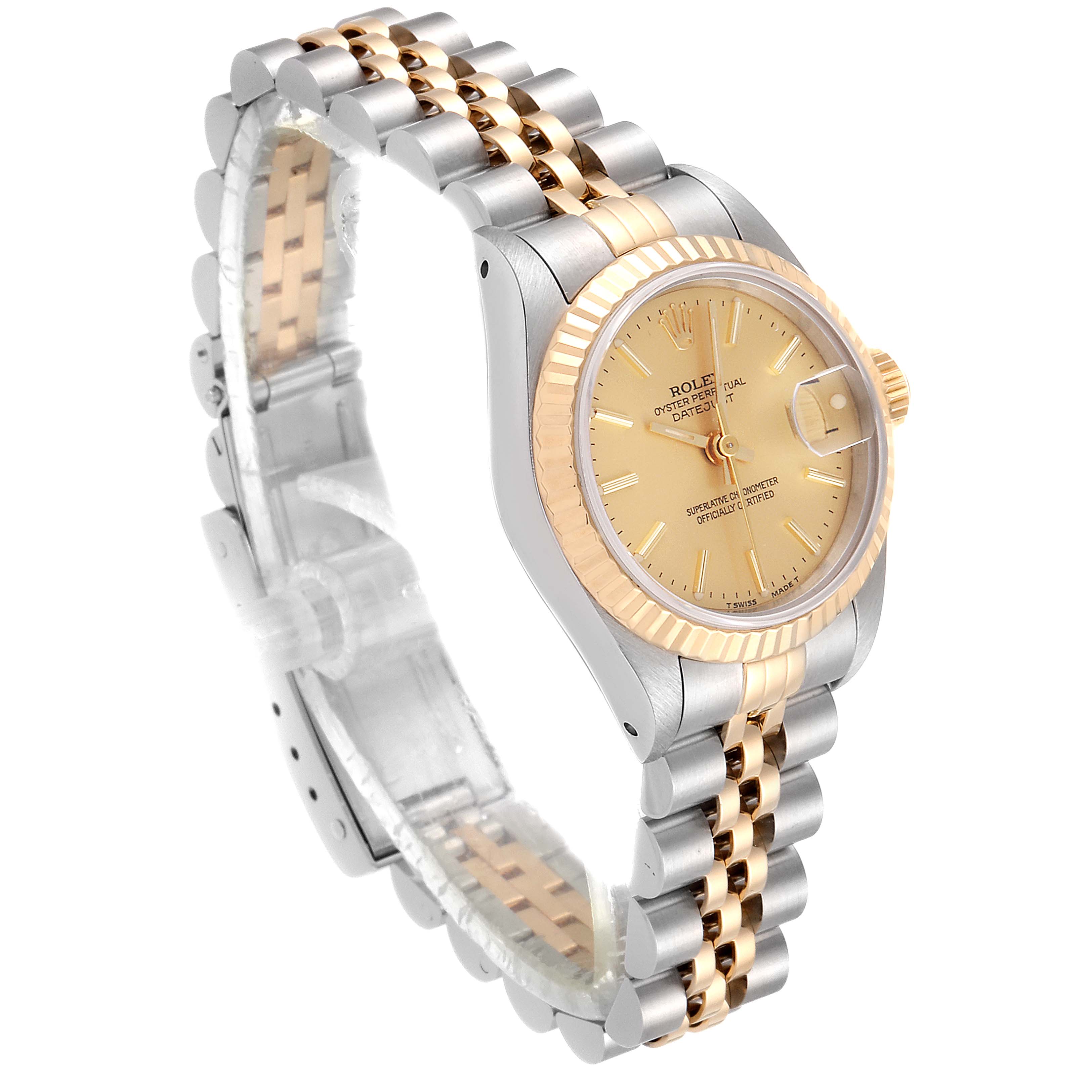 The image shows a side angled view of a Rolex Datejust 69173 Women's Steel and Gold (two tone) Champagne Dial 69173 Women's Steel and Gold (two tone) Champagne Dial watch, displaying the bracelet, case, dial, and fluted bezel.