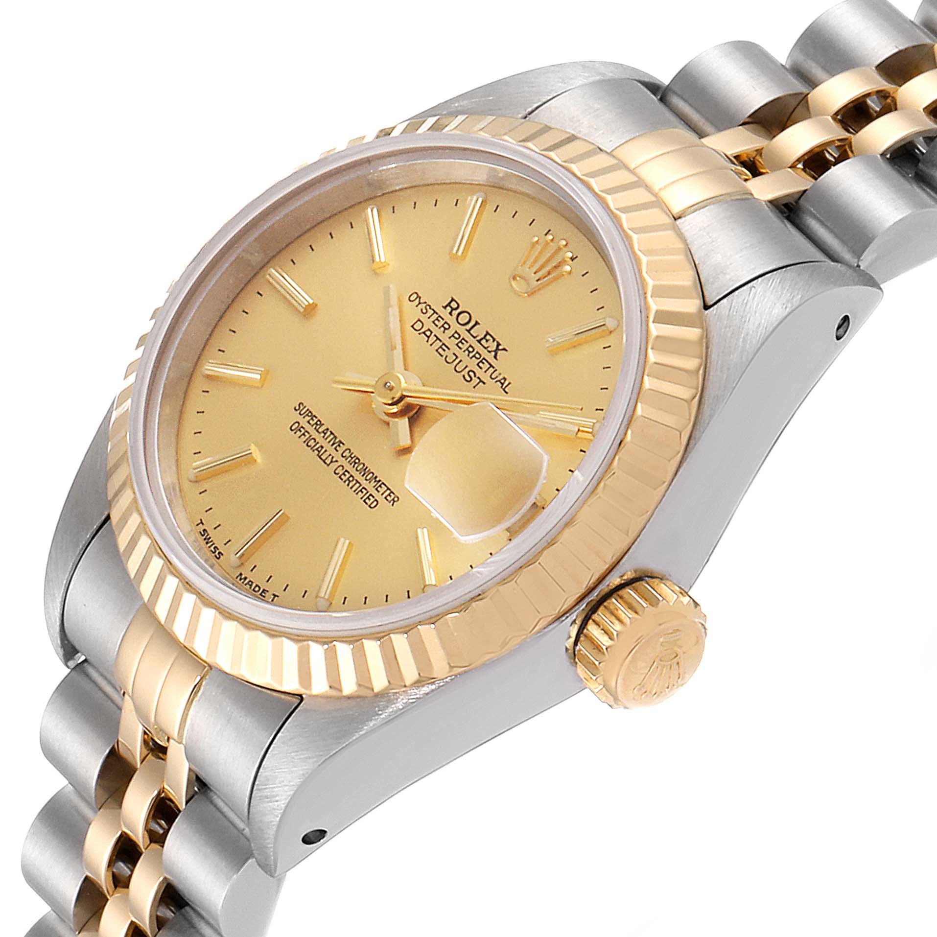 This image depicts a close-up, angled view of a Rolex Datejust 69173 Women's Steel and Gold (two tone) Champagne Dial 69173 Women's Steel and Gold (two tone) Champagne Dial watch, showing its dial, crown, and bracelet.