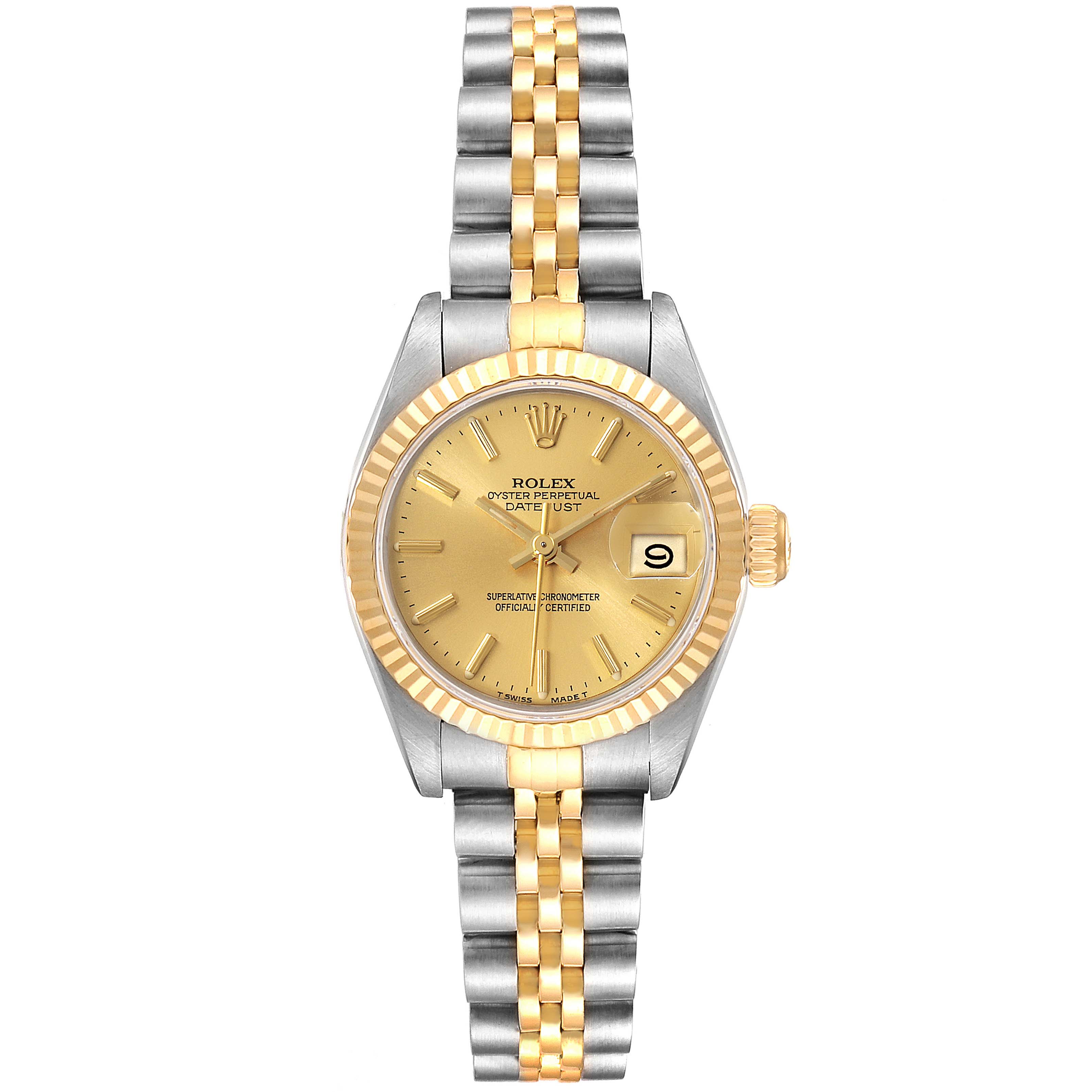 The Rolex Datejust 69173 Women's Steel and Gold (two tone) Champagne Dial 69173 Women's Steel and Gold (two tone) Champagne Dial watch is shown from a front angle, displaying the dial, bezel, and bracelet.
