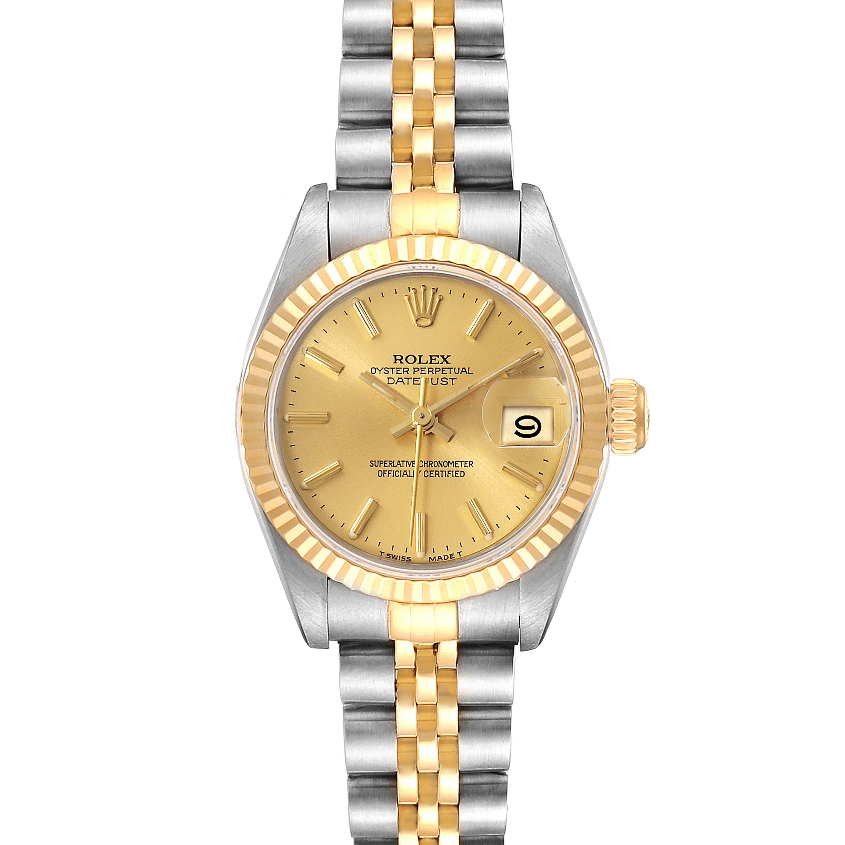 The image shows a front view of a Rolex Datejust 69173 Women's Steel and Gold (two tone) Champagne Dial 69173 Women's Steel and Gold (two tone) Champagne Dial watch, highlighting the dial, bezel, and two-tone bracelet.
