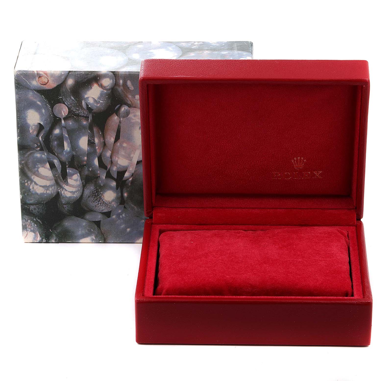 The image shows a red Rolex Datejust 79173 Women's Steel and Gold (two tone) Mother of Pearl Dial 79173 Women's Steel and Gold (two tone) Mother of Pearl Dial watch box with the outer decorative sleeve in the background.