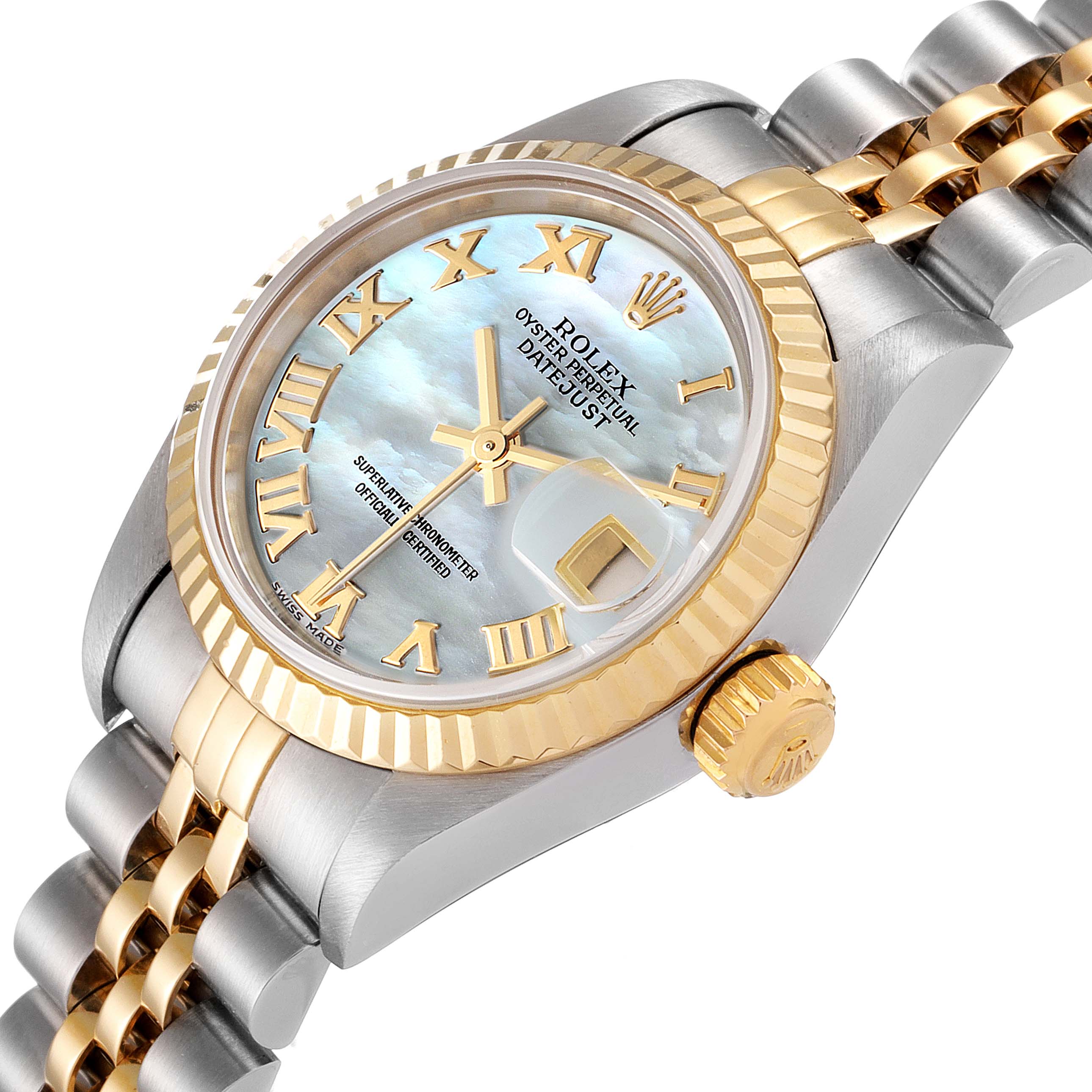 The image shows a close-up angle of a Rolex Datejust 79173 Women's Steel and Gold (two tone) Mother of Pearl Dial 79173 Women's Steel and Gold (two tone) Mother of Pearl Dial watch, featuring its face, fluted bezel, crown, and part of the two-tone jubilee bracelet.