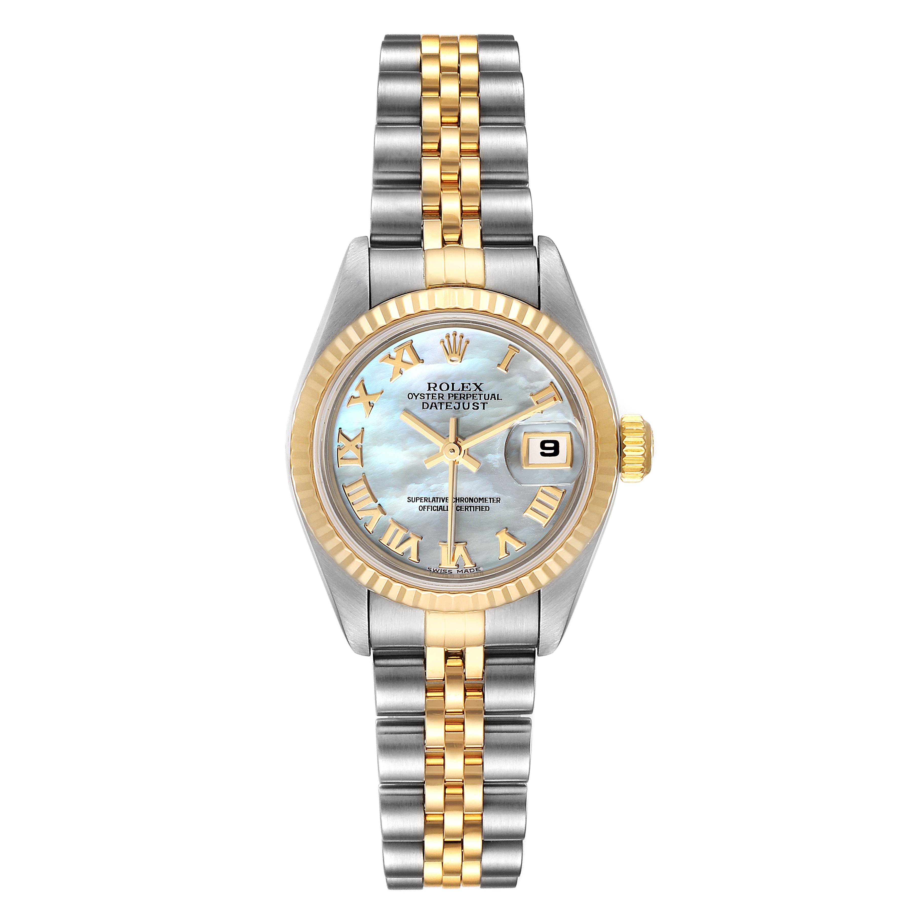 The image shows a front view of a Rolex Datejust 79173 Women's Steel and Gold (two tone) Mother of Pearl Dial 79173 Women's Steel and Gold (two tone) Mother of Pearl Dial watch, featuring a two-tone bracelet, fluted bezel, and a mother-of-pearl dial with Roman numerals.