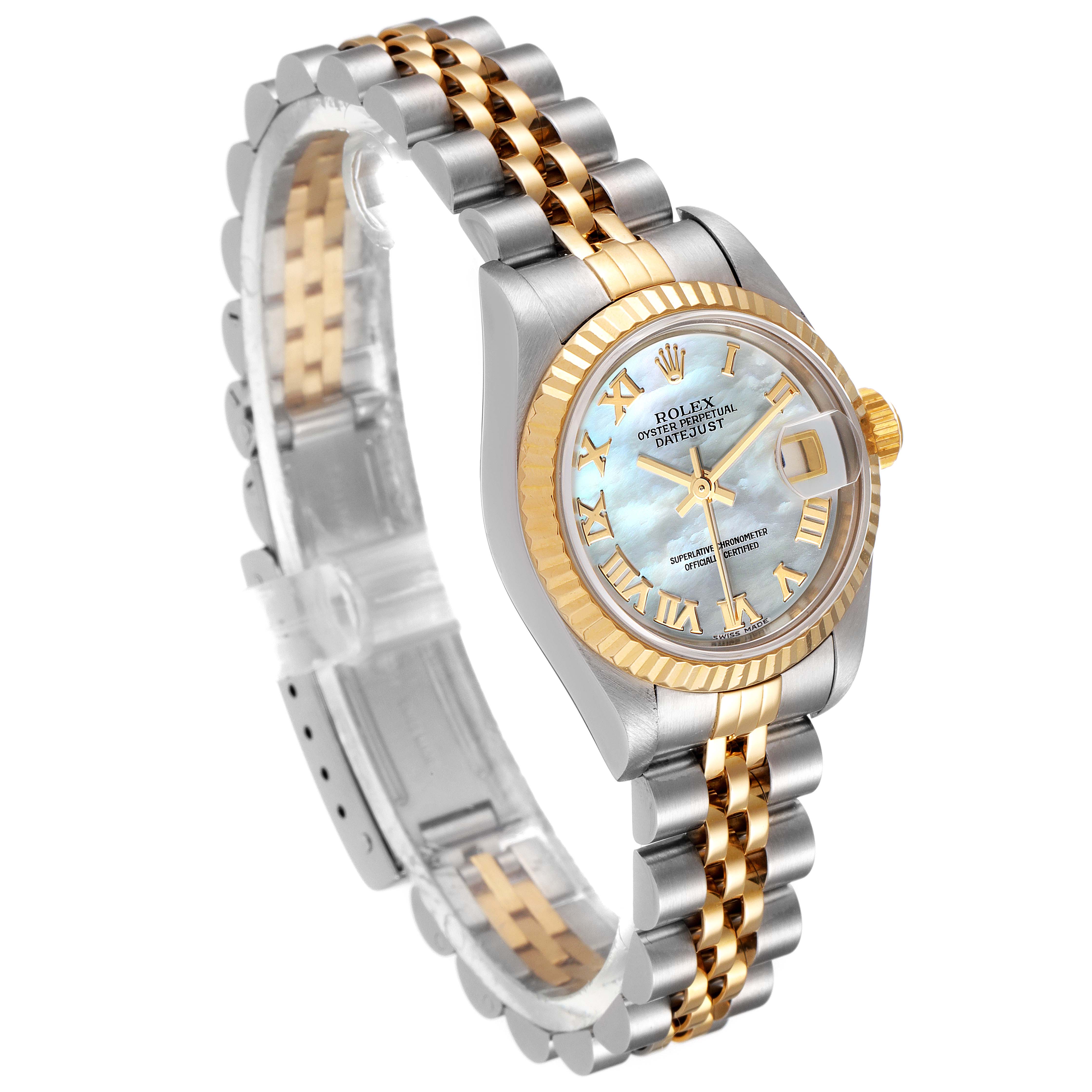 This is a 3/4 angled view of a Rolex Datejust 79173 Women's Steel and Gold (two tone) Mother of Pearl Dial 79173 Women's Steel and Gold (two tone) Mother of Pearl Dial watch in silver and gold, featuring the watch face and bracelet.