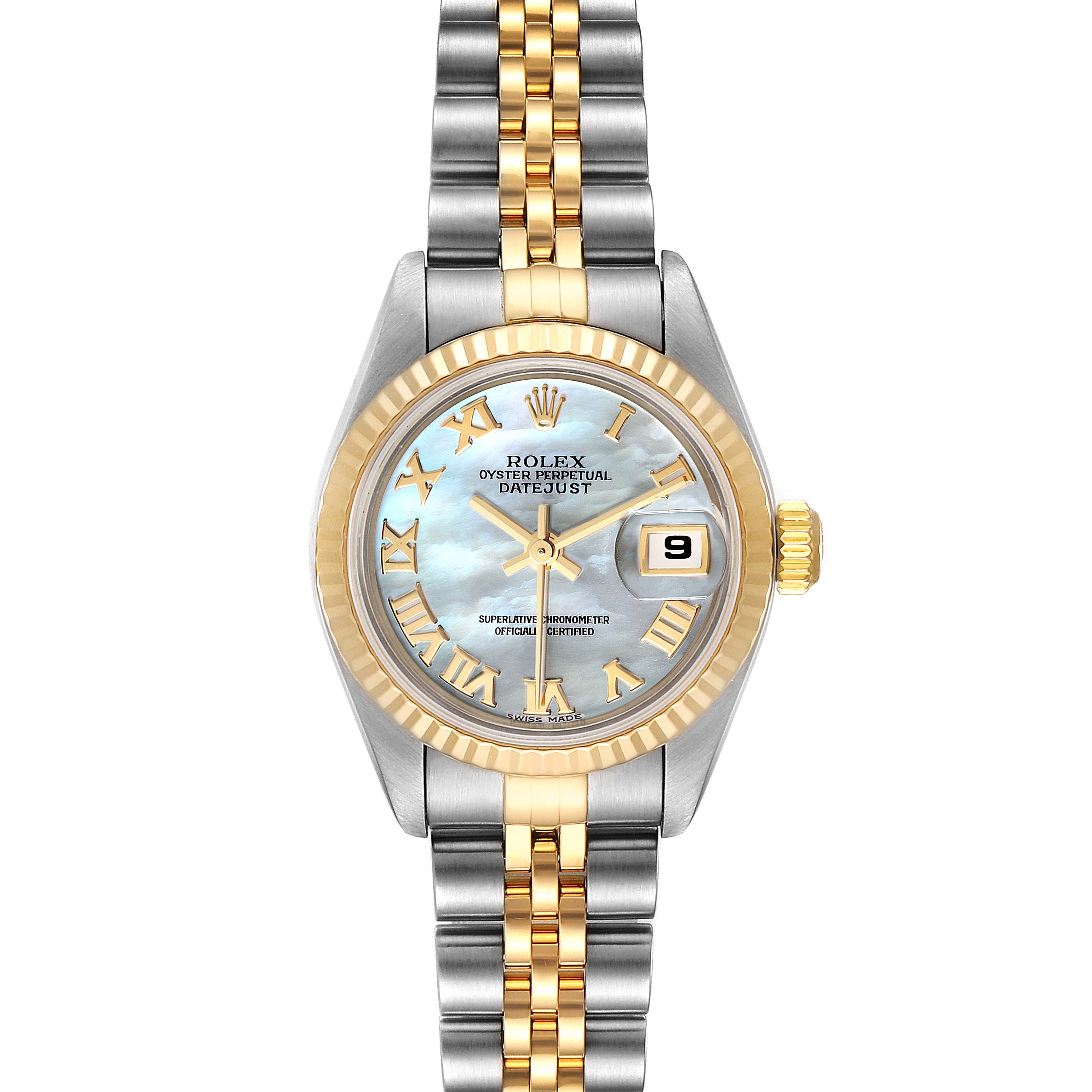 This image shows a front view of the Rolex Datejust 79173 Women's Steel and Gold (two tone) Mother of Pearl Dial 79173 Women's Steel and Gold (two tone) Mother of Pearl Dial, highlighting its dial, bezel, and two-tone bracelet.