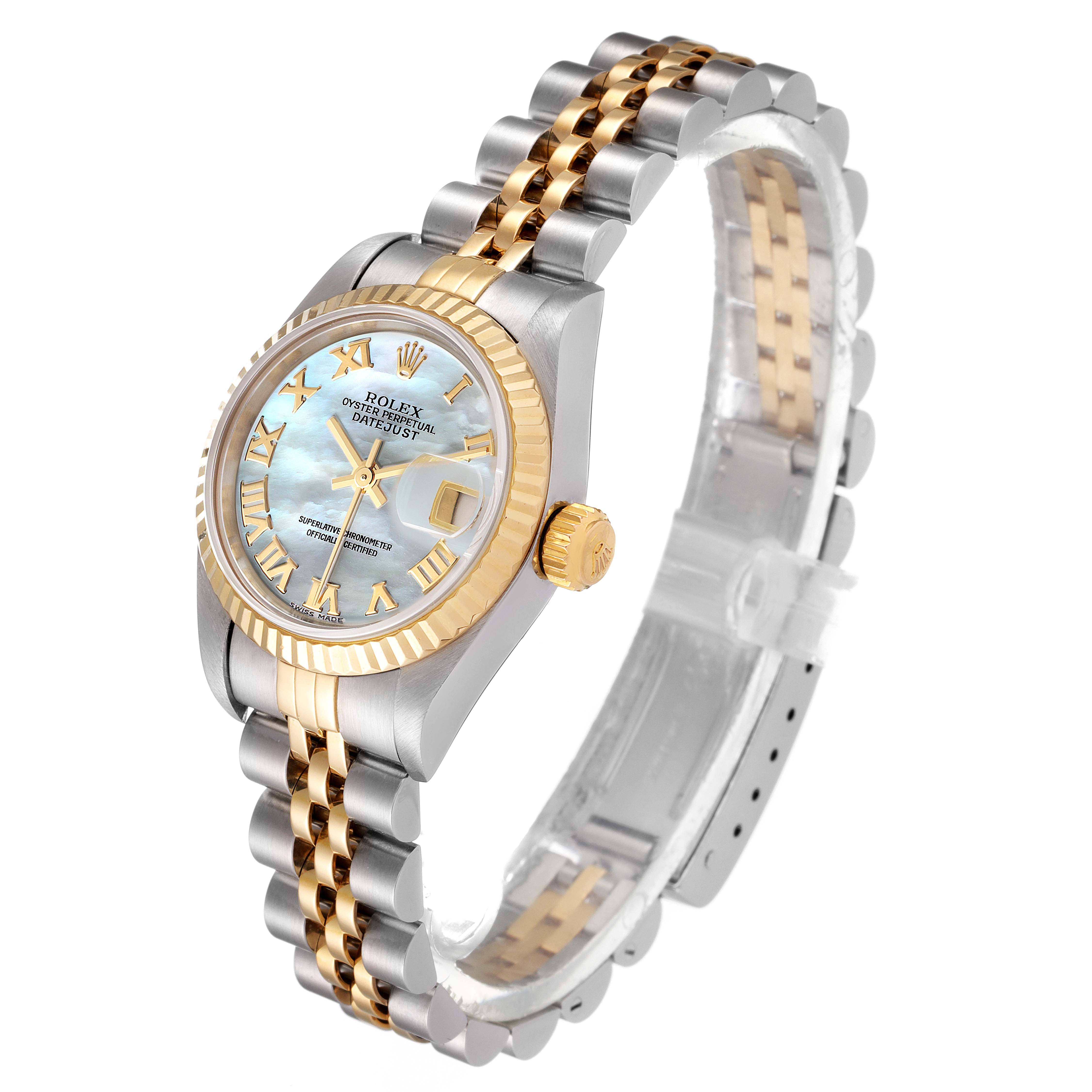 The image shows a Rolex Datejust 79173 Women's Steel and Gold (two tone) Mother of Pearl Dial 79173 Women's Steel and Gold (two tone) Mother of Pearl Dial watch, centered with an angled view, displaying the face, bezel, crown, and two-tone bracelet.