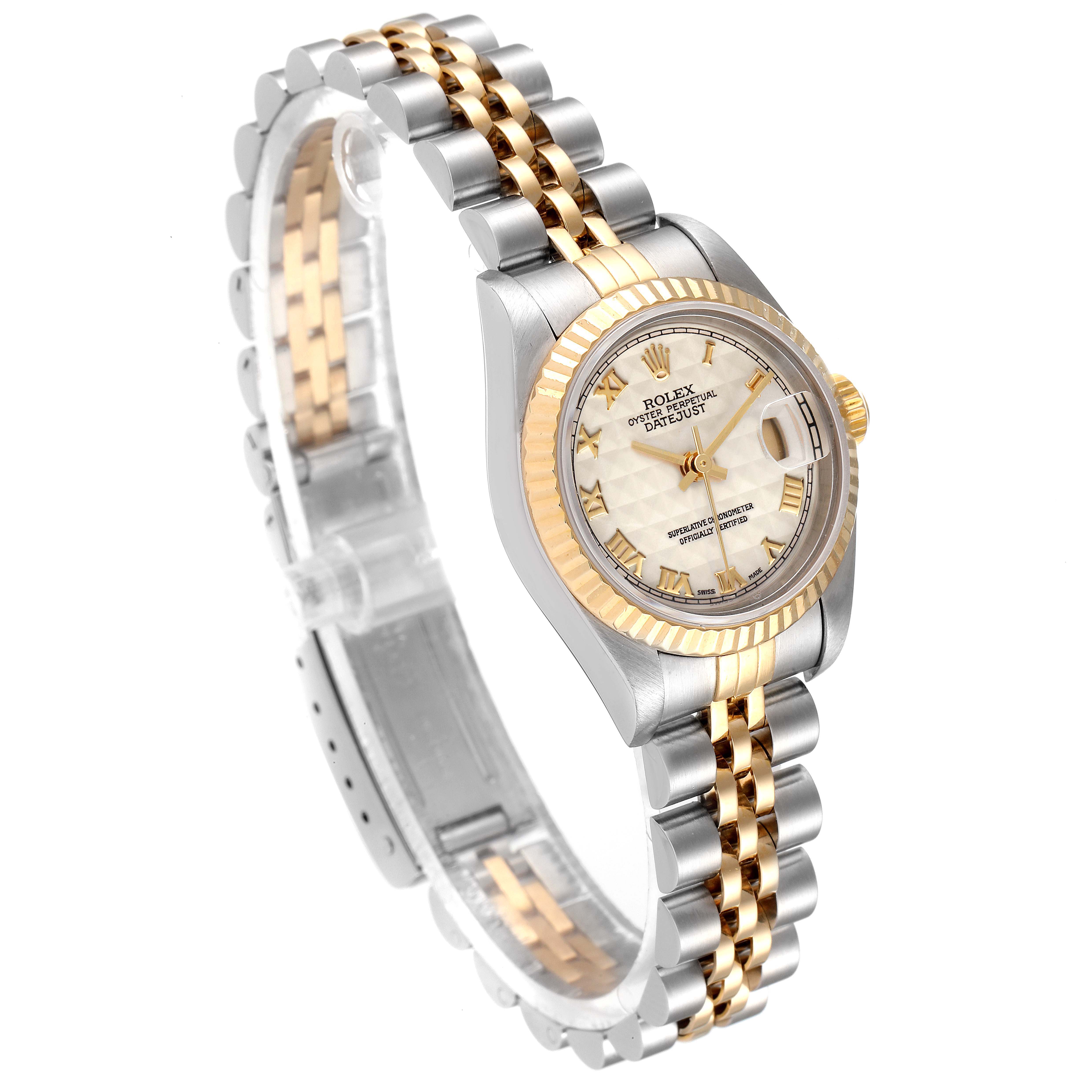 The Rolex Datejust 79173 Women's Steel and Gold (two tone) Beige Dial 79173 Women's Steel and Gold (two tone) Beige Dial watch is shown at a three-quarter angle, highlighting its two-tone bracelet and dial.