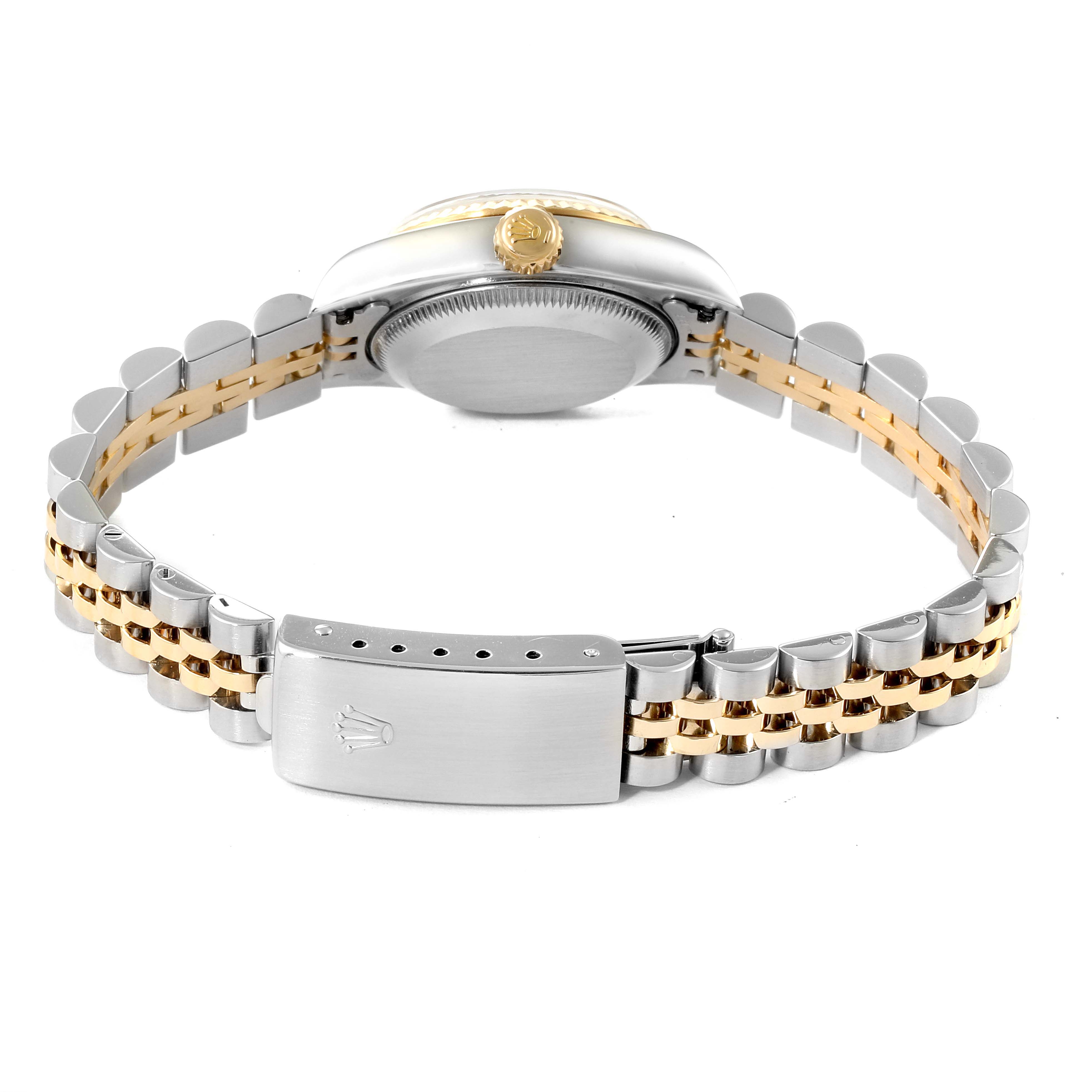 This image shows the back view of a Rolex Datejust 79173 Women's Steel and Gold (two tone) Beige Dial 79173 Women's Steel and Gold (two tone) Beige Dial watch, highlighting the bracelet and clasp.