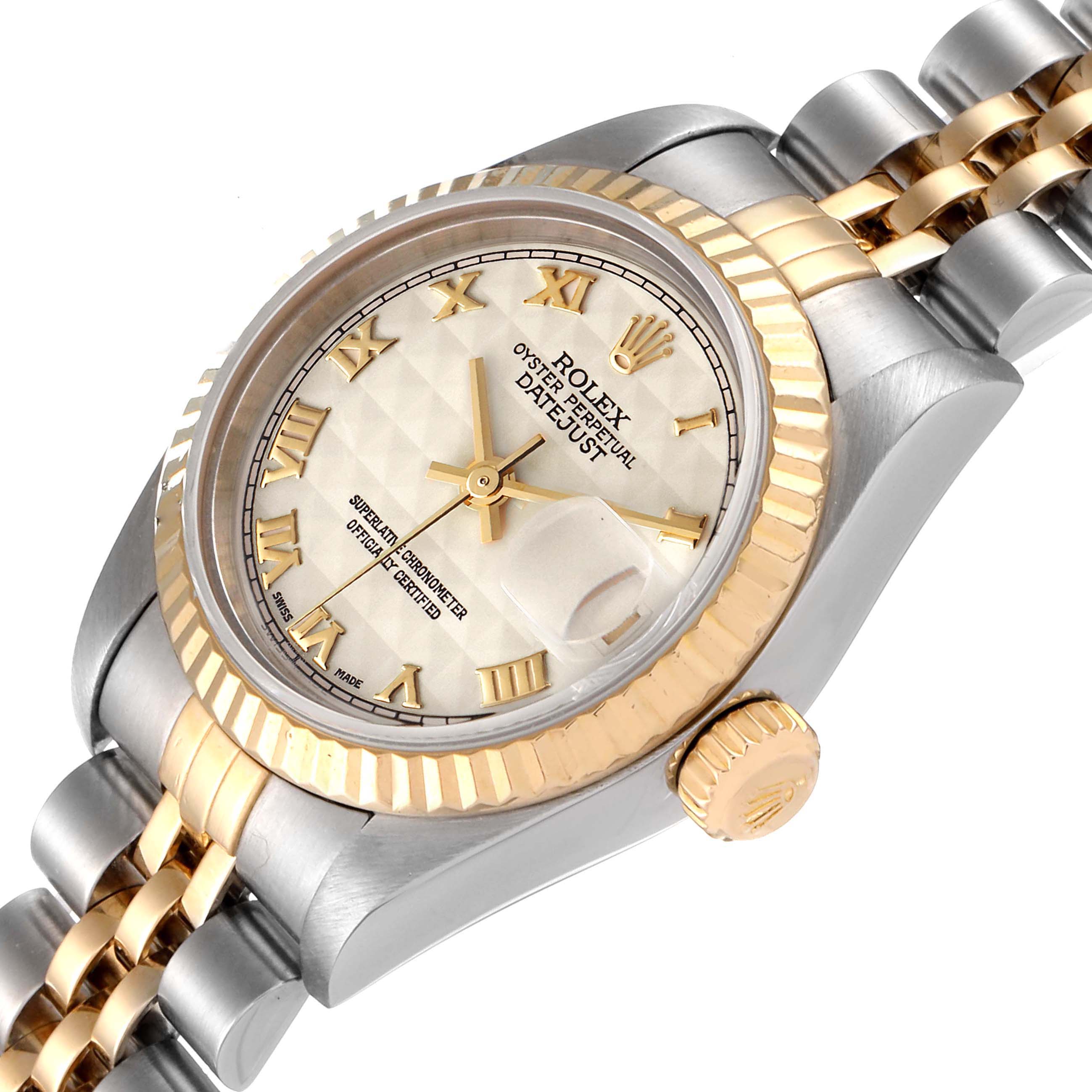 The image shows a Rolex Datejust 79173 Women's Steel and Gold (two tone) Beige Dial 79173 Women's Steel and Gold (two tone) Beige Dial watch at an angled view, highlighting the face, bezel, crown, and part of the bracelet.
