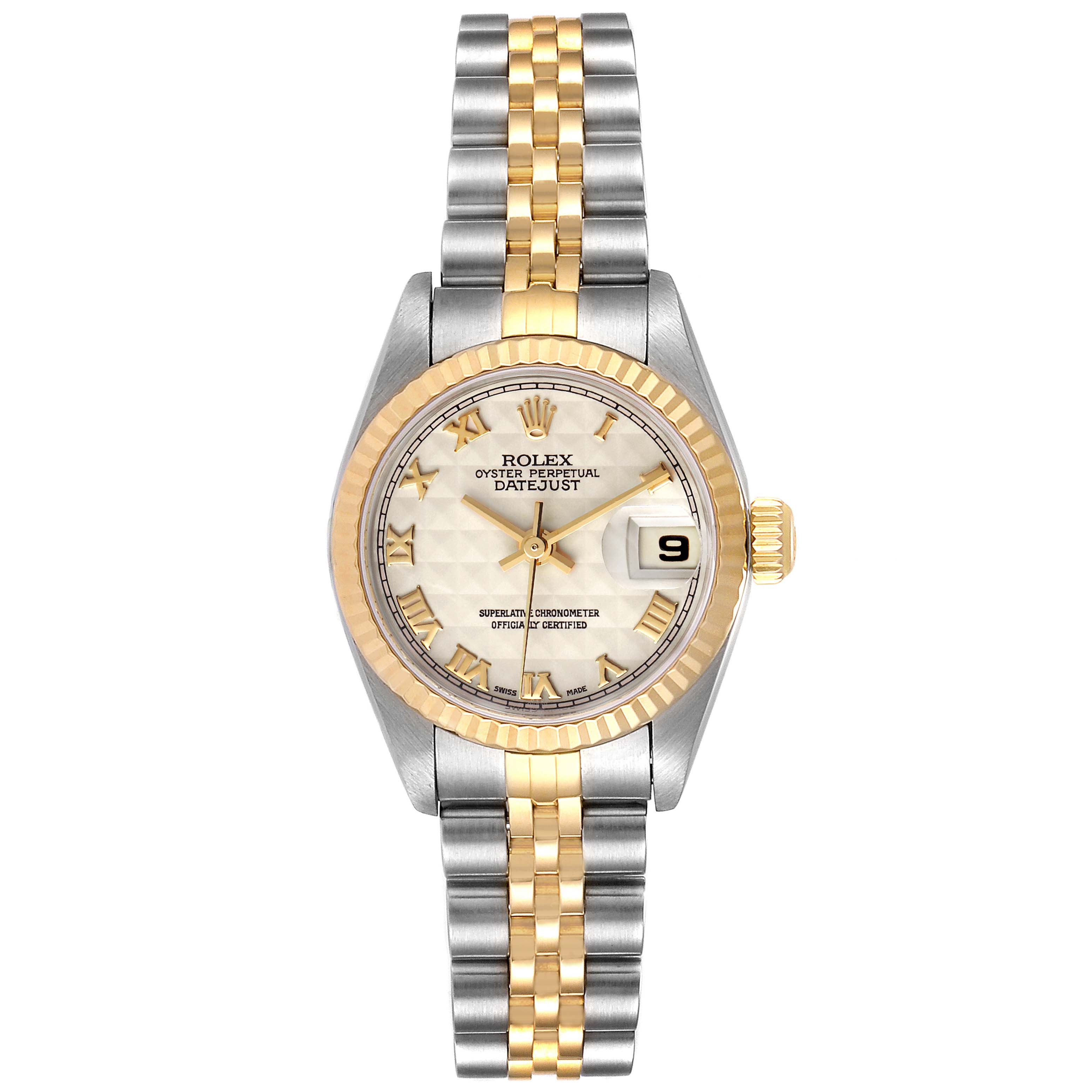 The image shows a Rolex Datejust 79173 Women's Steel and Gold (two tone) Beige Dial 79173 Women's Steel and Gold (two tone) Beige Dial watch with a stainless steel and gold bracelet, captured from a front angle.