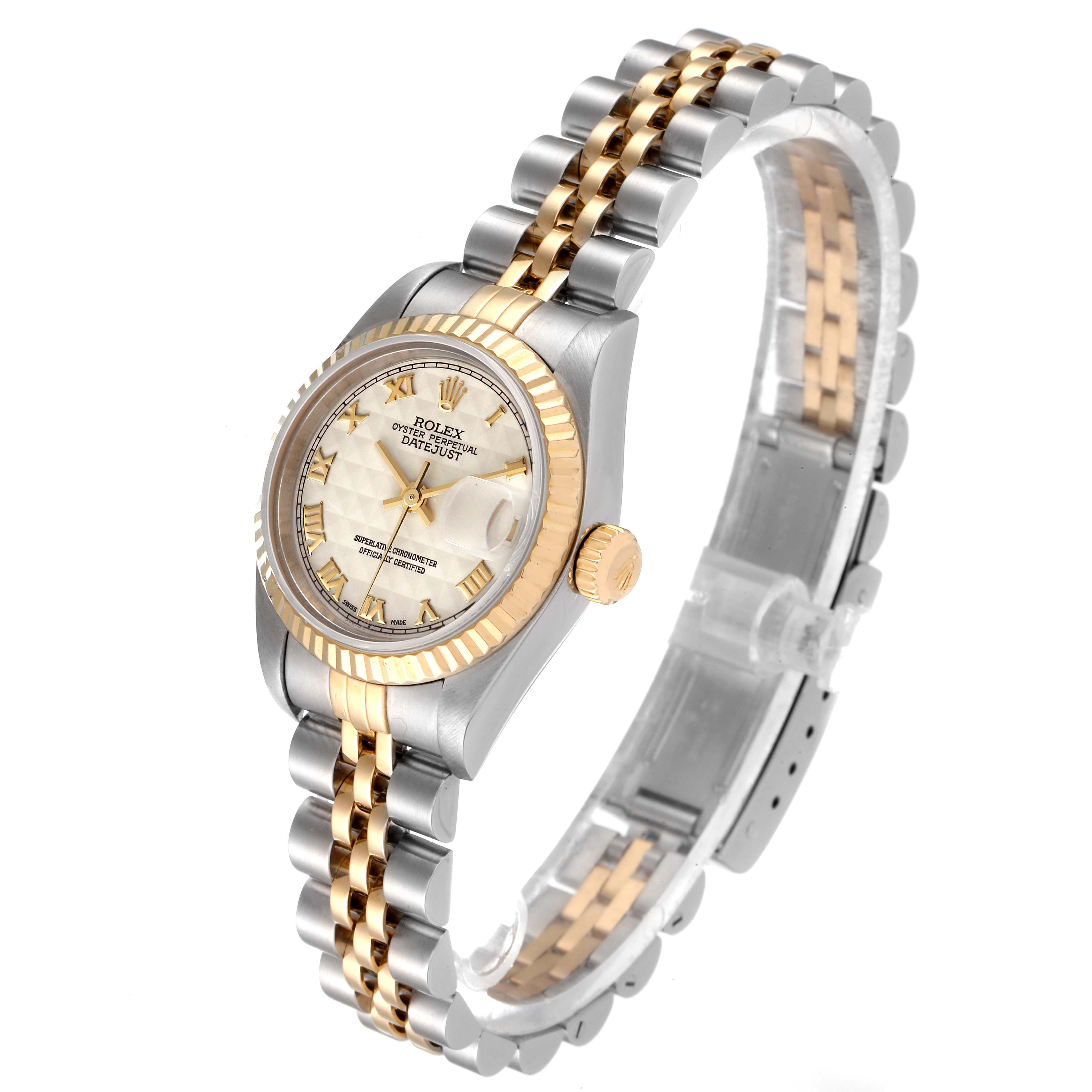 The image shows a Rolex Datejust 79173 Women's Steel and Gold (two tone) Beige Dial 79173 Women's Steel and Gold (two tone) Beige Dial watch at a three-quarter angle, highlighting the dial, bezel, crown, and two-tone bracelet.