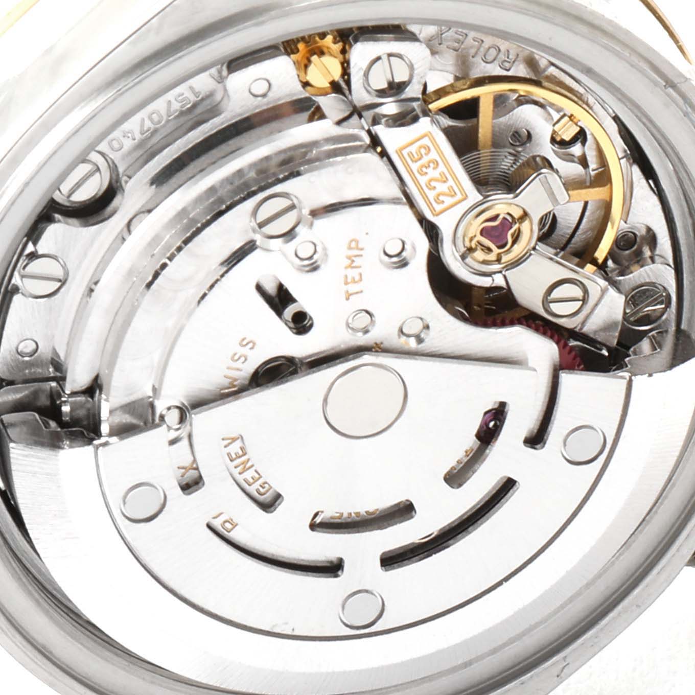 This image shows a close-up of the mechanical movement inside a Rolex Datejust 79173 Women's Steel and Gold (two tone) Beige Dial 79173 Women's Steel and Gold (two tone) Beige Dial watch.