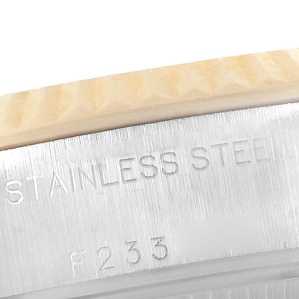 This image shows a close-up of the stainless steel part of a Rolex Datejust 79173 Women's Steel and Gold (two tone) Beige Dial 79173 Women's Steel and Gold (two tone) Beige Dial model watch.