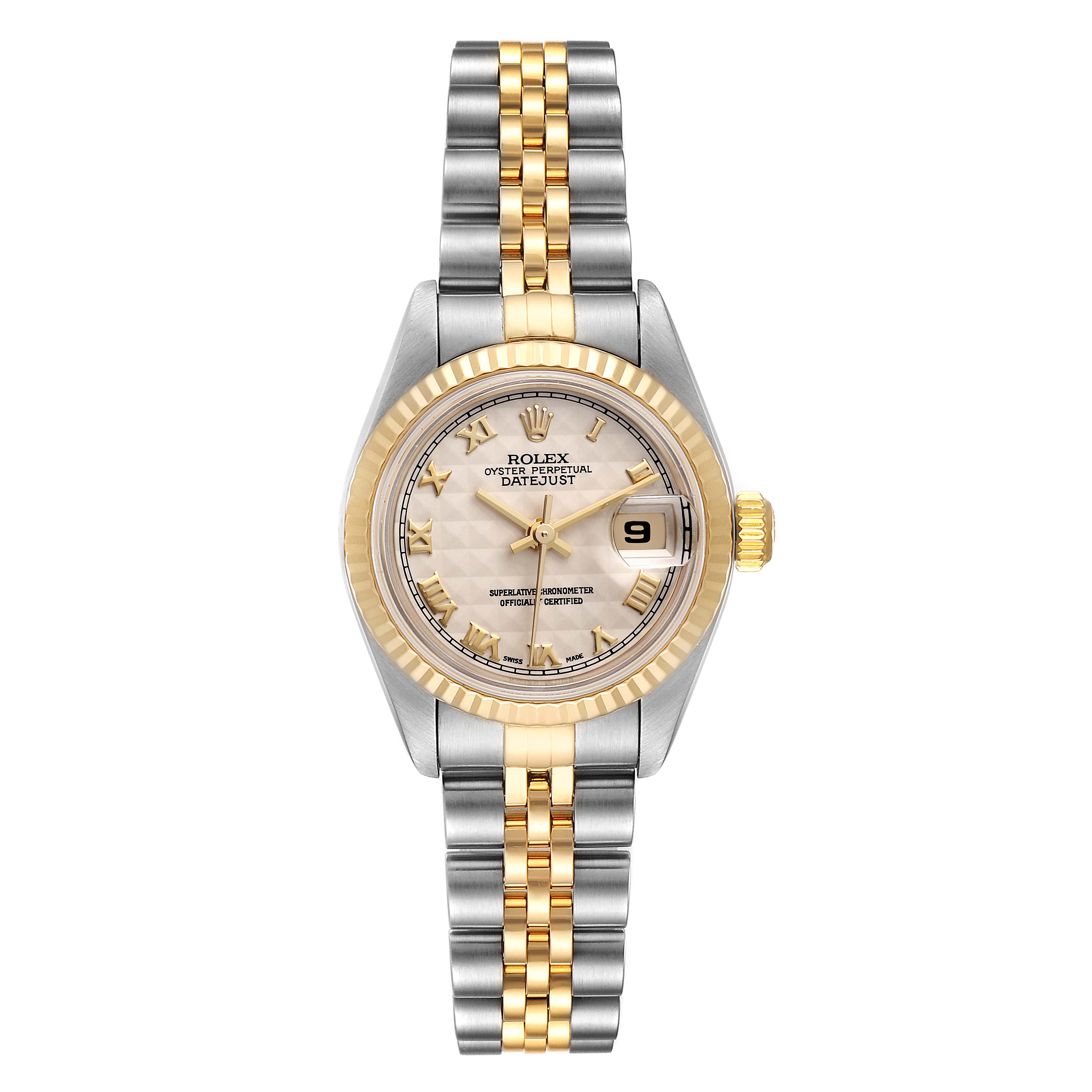 This is a close-up, top-down view of a Rolex Datejust 79173 Women's Steel and Gold (two tone) Beige Dial 79173 Women's Steel and Gold (two tone) Beige Dial watch showing the bezel, face, crown, and bracelet.