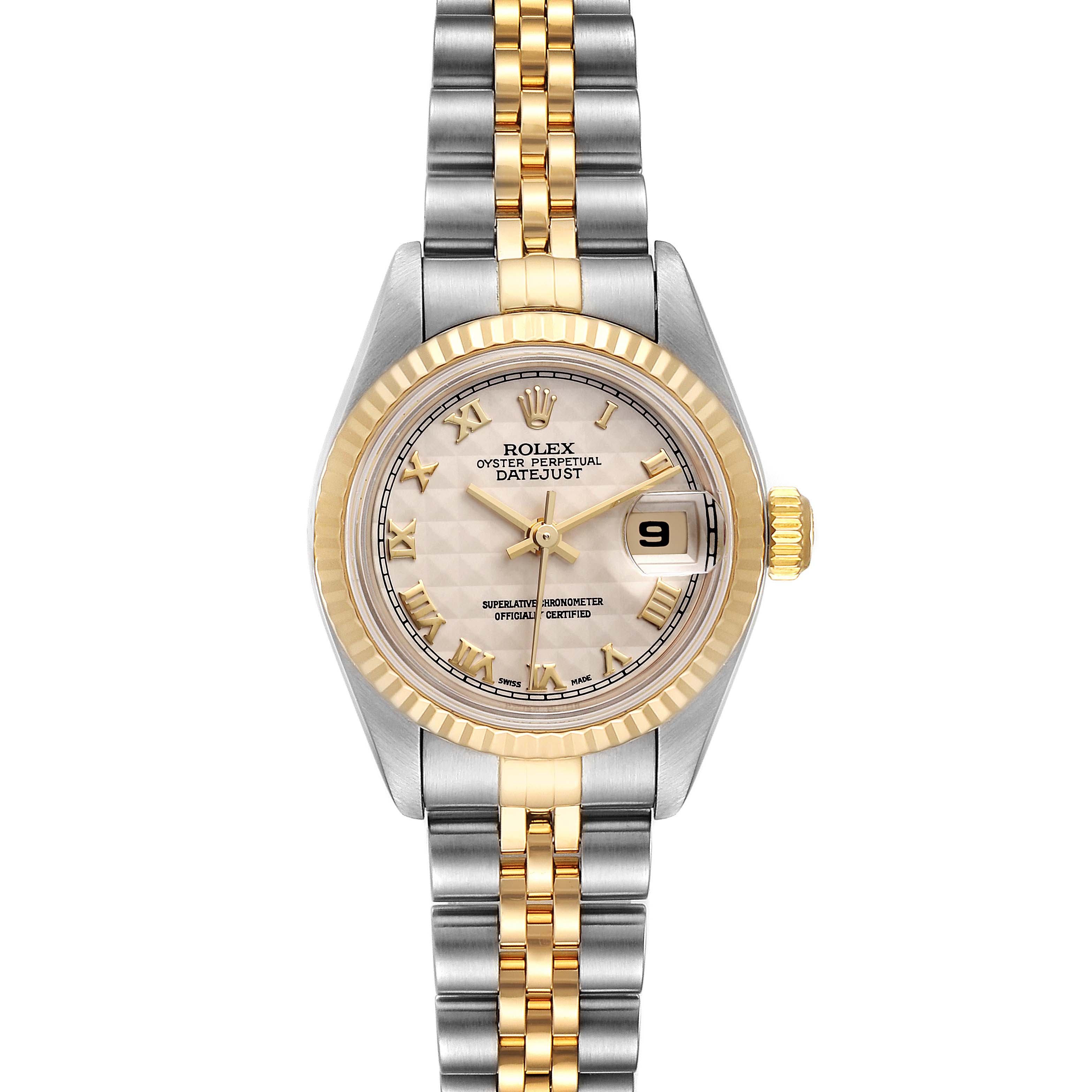 This image shows a front view of a Rolex Datejust 79173 Women's Steel and Gold (two tone) Beige Dial 79173 Women's Steel and Gold (two tone) Beige Dial watch featuring a Jubilee bracelet, fluted bezel, and date display.