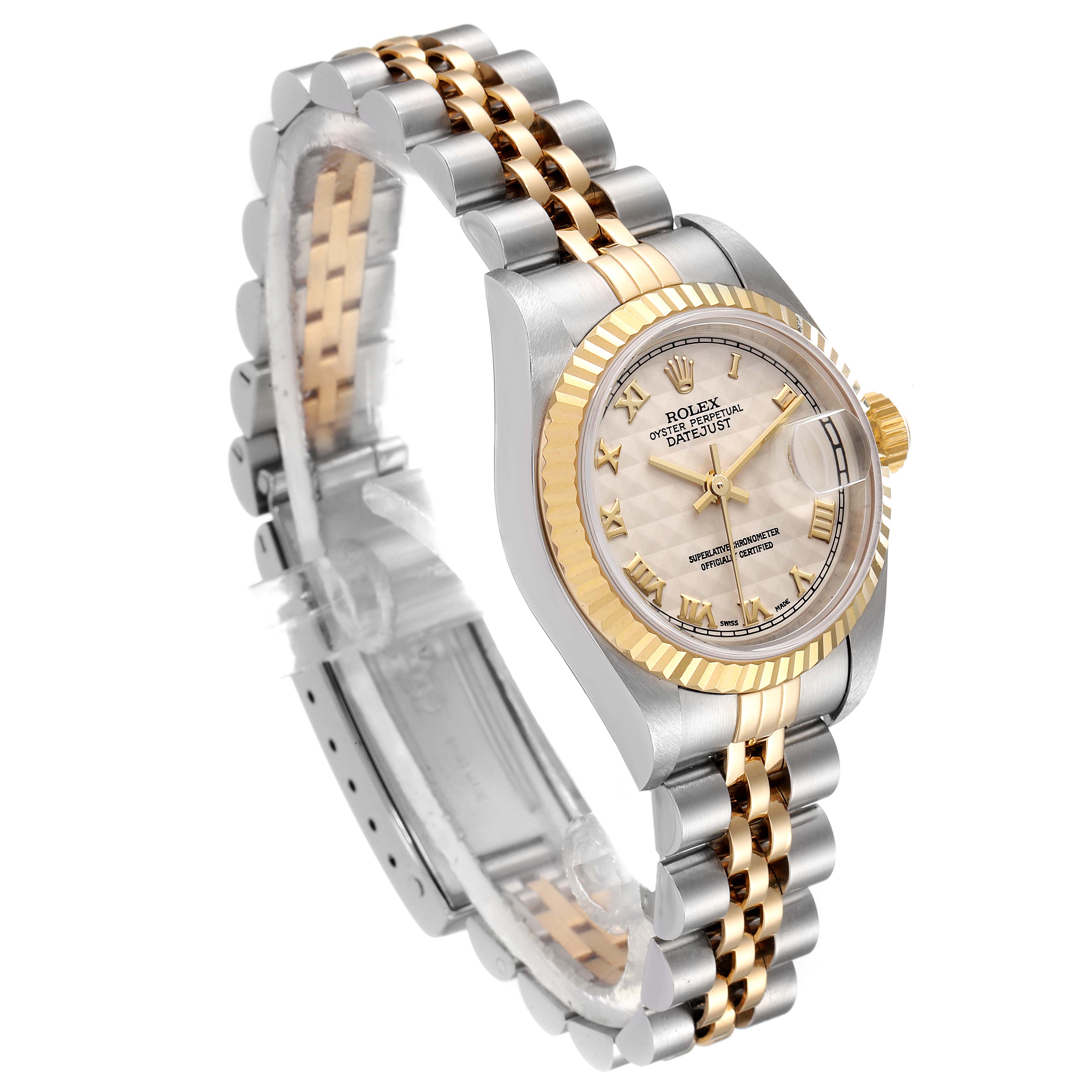 This image shows a side angle of a Rolex Datejust 79173 Women's Steel and Gold (two tone) Beige Dial 79173 Women's Steel and Gold (two tone) Beige Dial watch, highlighting its two-tone gold and silver bracelet, dial, and fluted bezel.