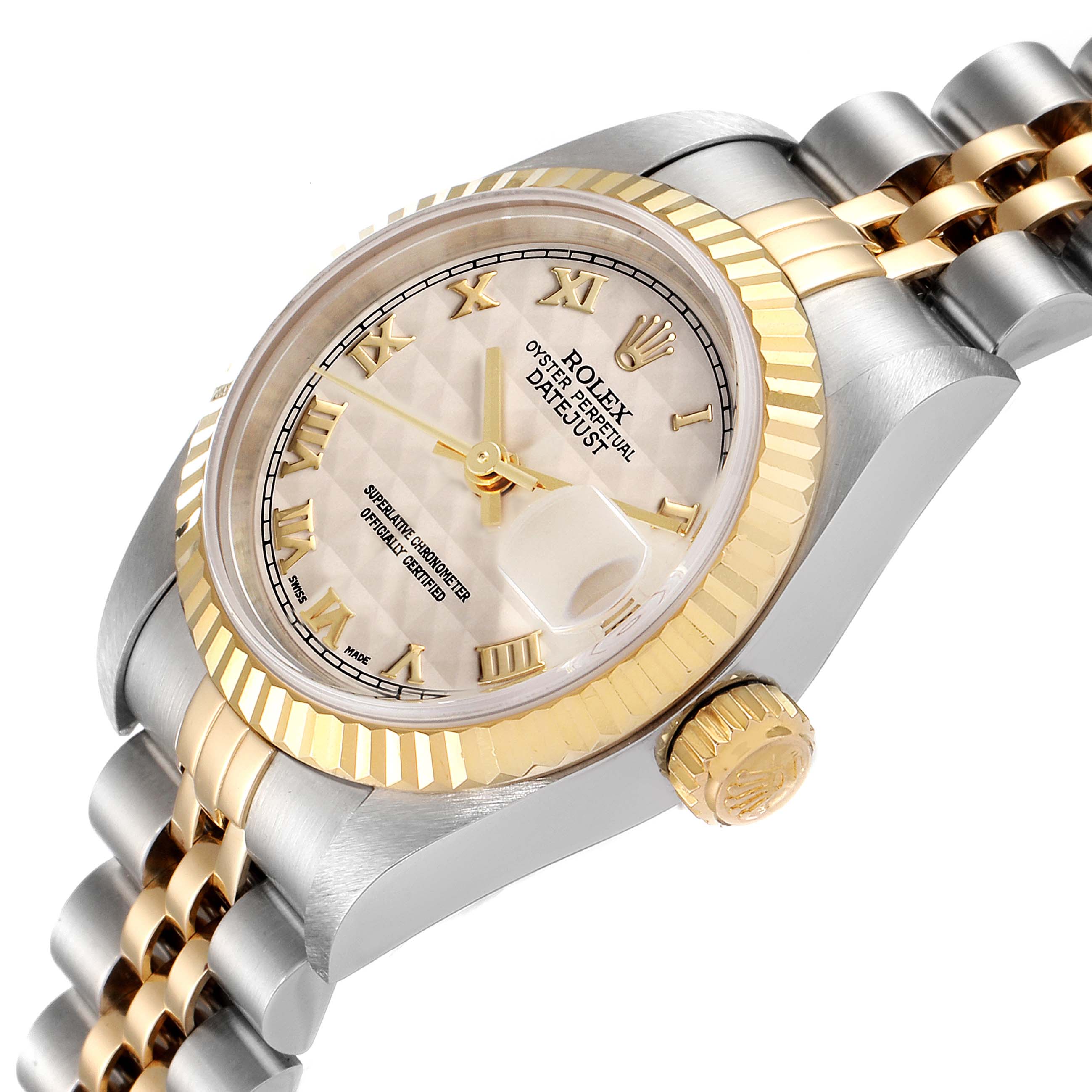 The image shows a close-up angled view of the Rolex Datejust 79173 Women's Steel and Gold (two tone) Beige Dial 79173 Women's Steel and Gold (two tone) Beige Dial, highlighting the watch face, bezel, crown, and part of the bracelet.