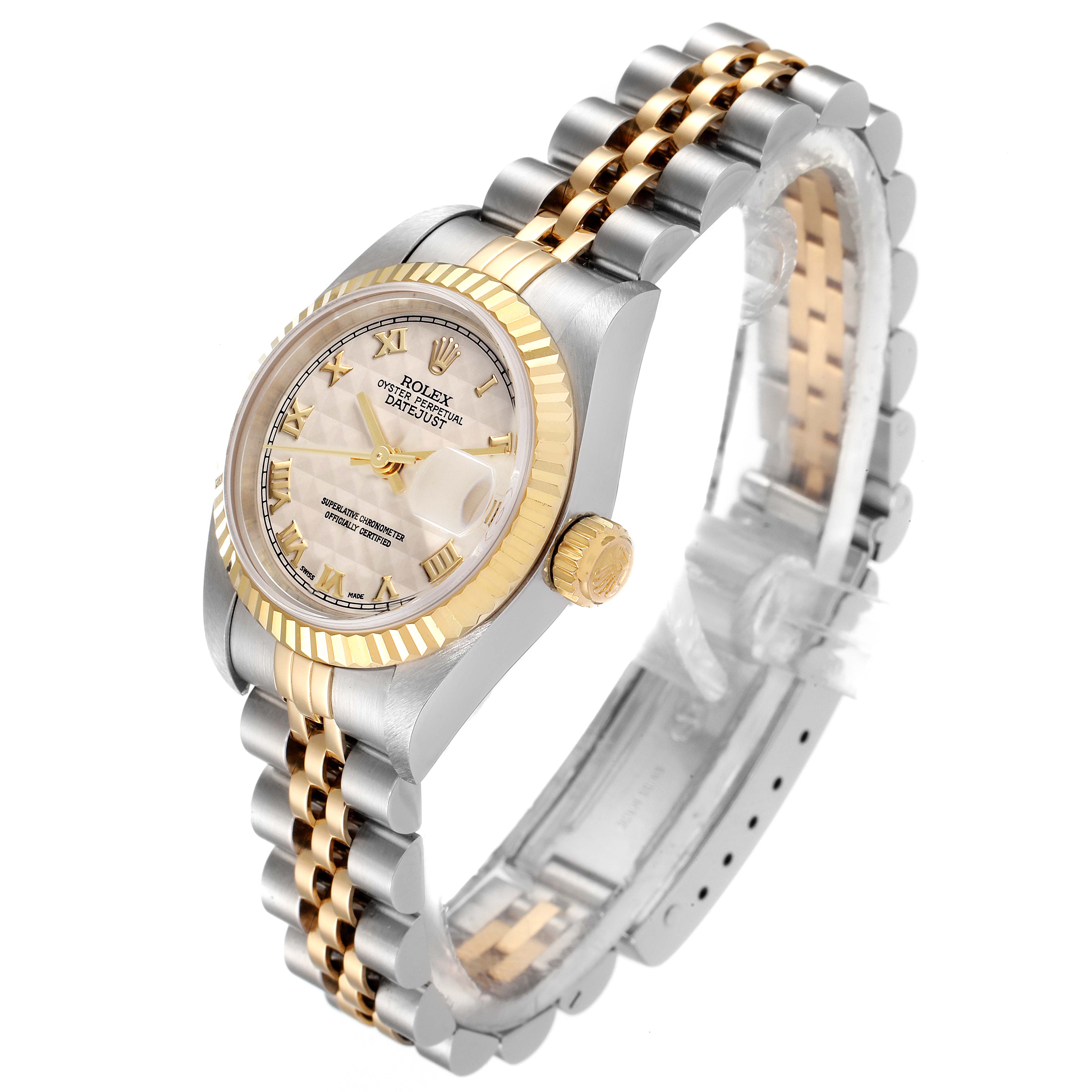 This Rolex Datejust 79173 Women's Steel and Gold (two tone) Beige Dial 79173 Women's Steel and Gold (two tone) Beige Dial watch is viewed from a slight left-side angle, showing the face, bezel, crown, and Jubilee bracelet.