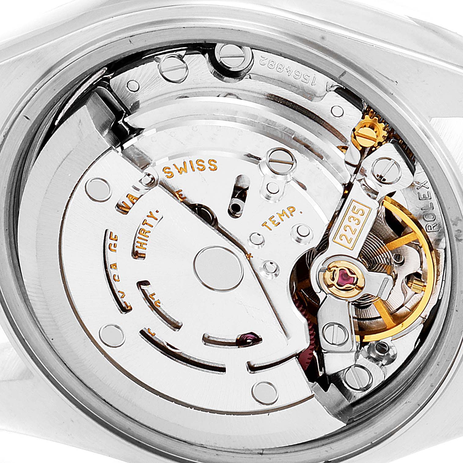 The image shows the internal mechanism and movement of a Rolex Datejust 79173 Women's Steel and Gold (two tone) Beige Dial 79173 Women's Steel and Gold (two tone) Beige Dial model watch from a close-up angle.