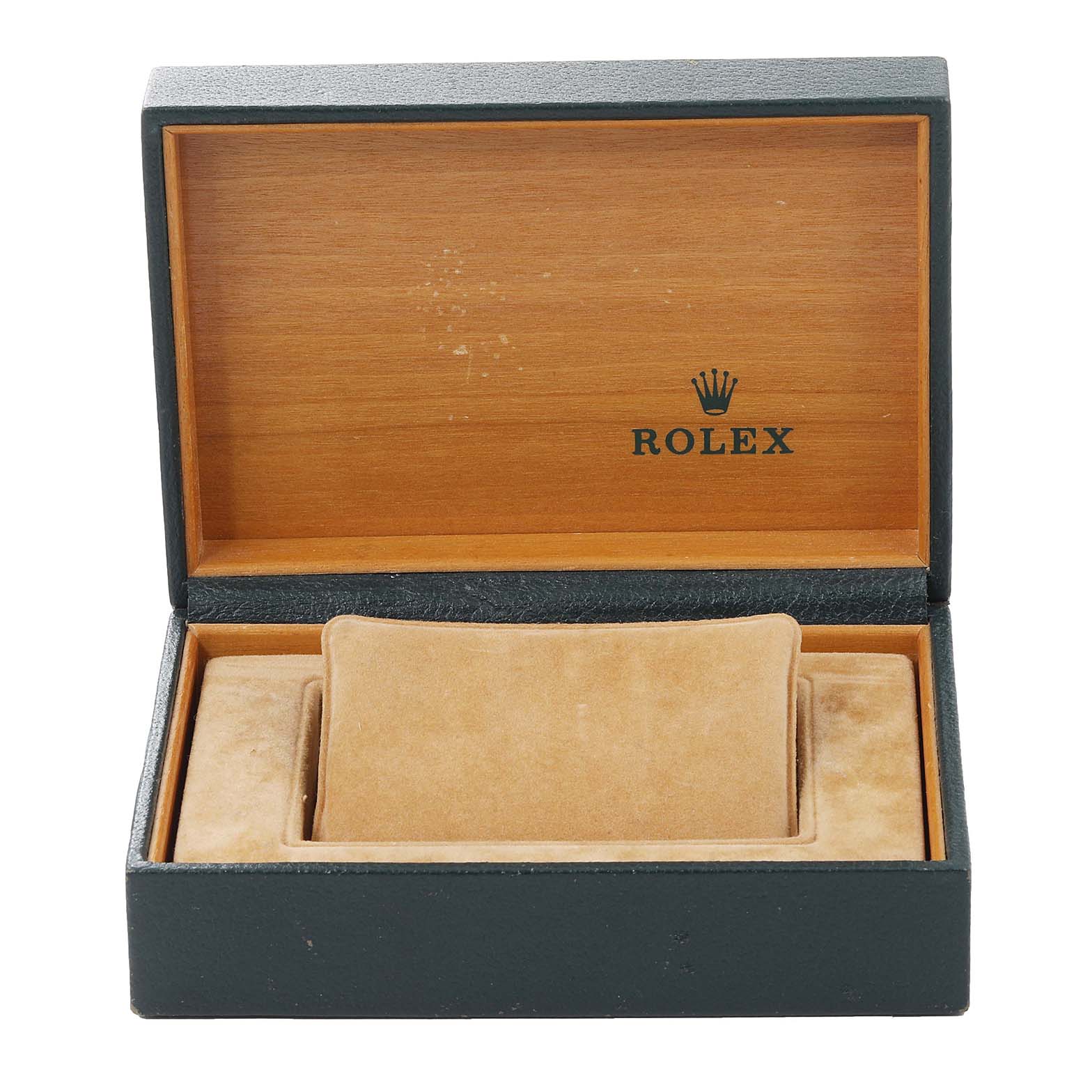 This image shows an empty Rolex Datejust 16013 Men's Yellow Gold Champagne Dial 16013 Men's Yellow Gold Champagne Dial watch box, including its beige cushion and wooden interior, photographed from the front.