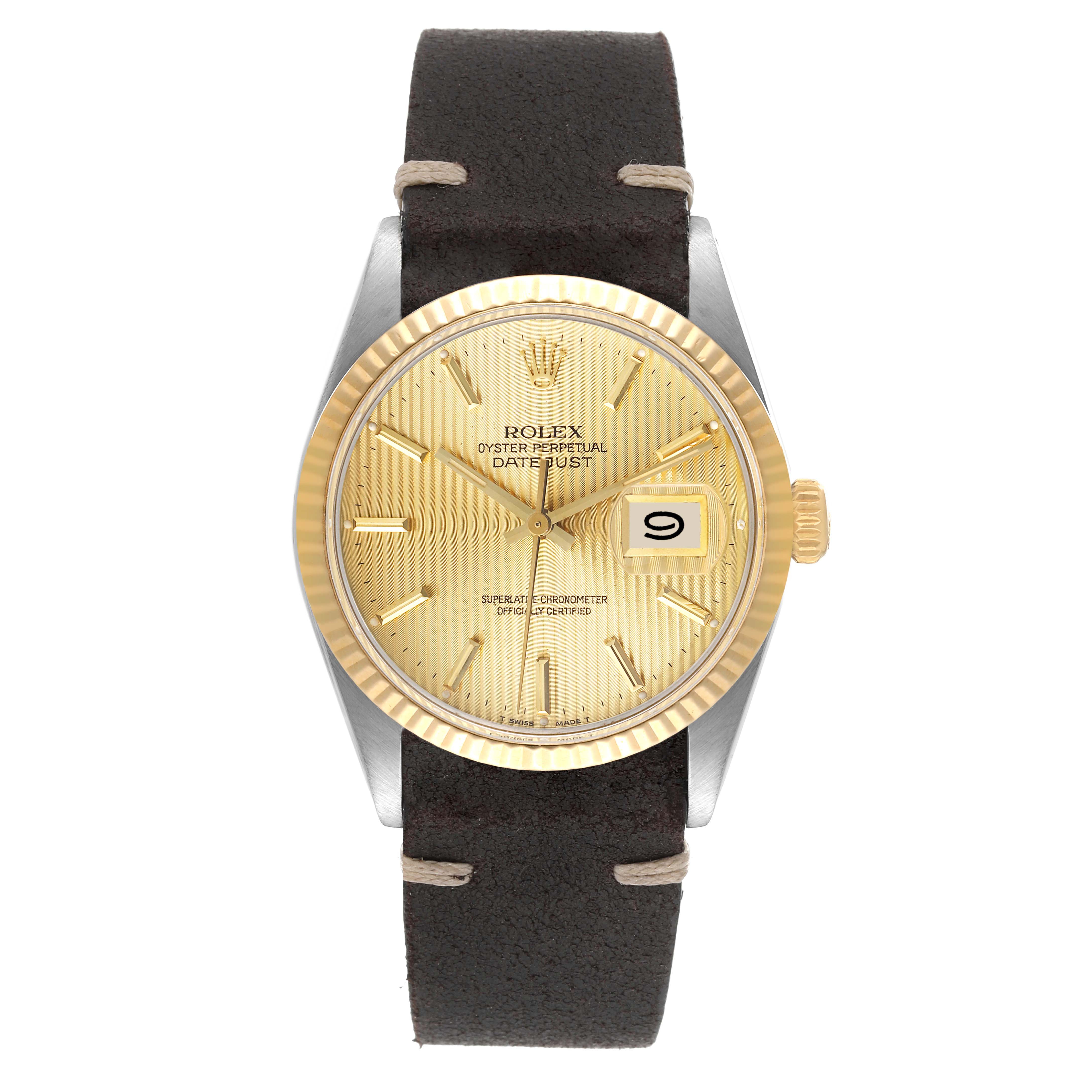 The image shows a front view of a Rolex Datejust 16013 Men's Yellow Gold Champagne Dial 16013 Men's Yellow Gold Champagne Dial watch, highlighting its gold dial, date window, and leather strap.