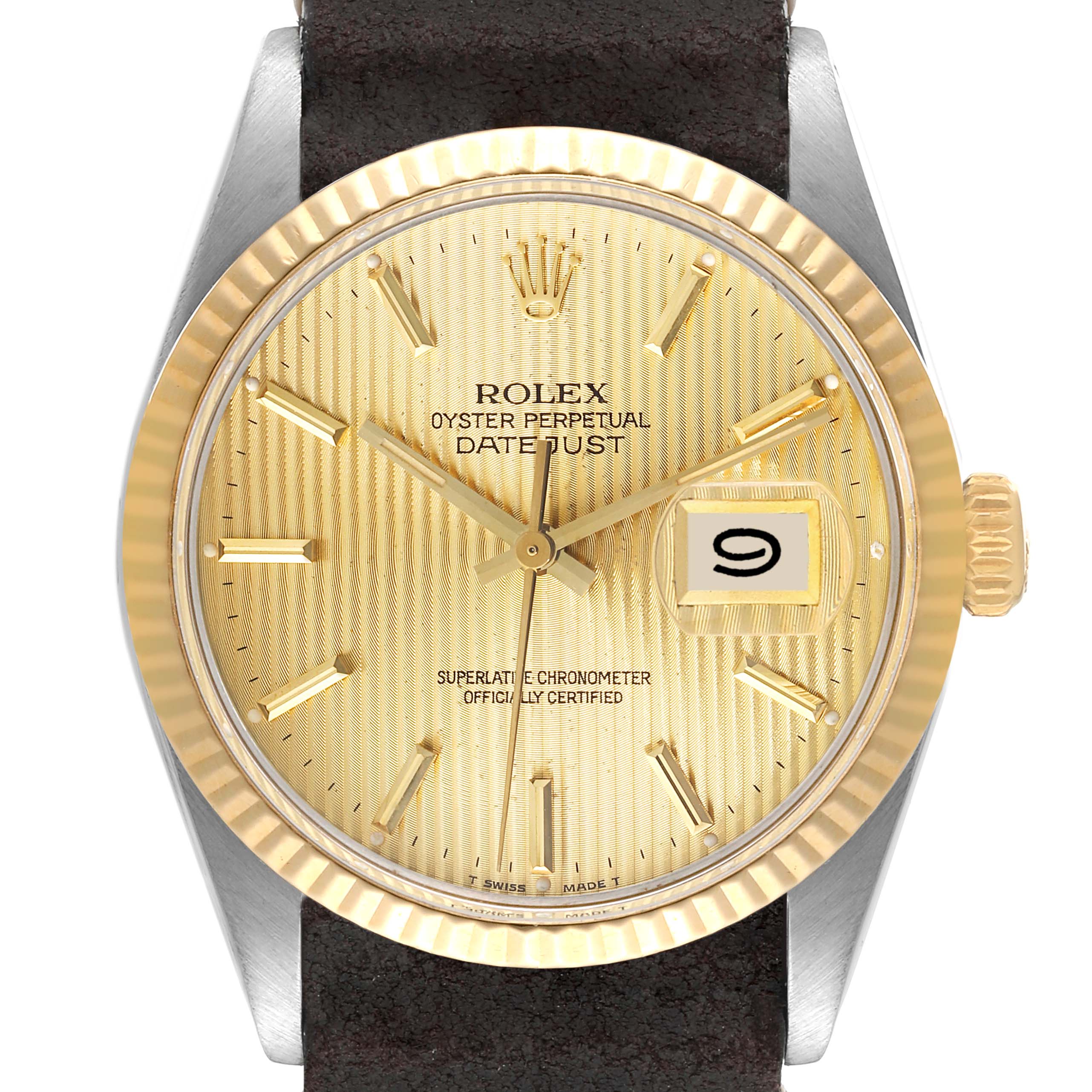 This image shows a frontal view of a Rolex Datejust 16013 Men's Yellow Gold Champagne Dial 16013 Men's Yellow Gold Champagne Dial watch, highlighting the gold dial, bezel, hands, and date window.