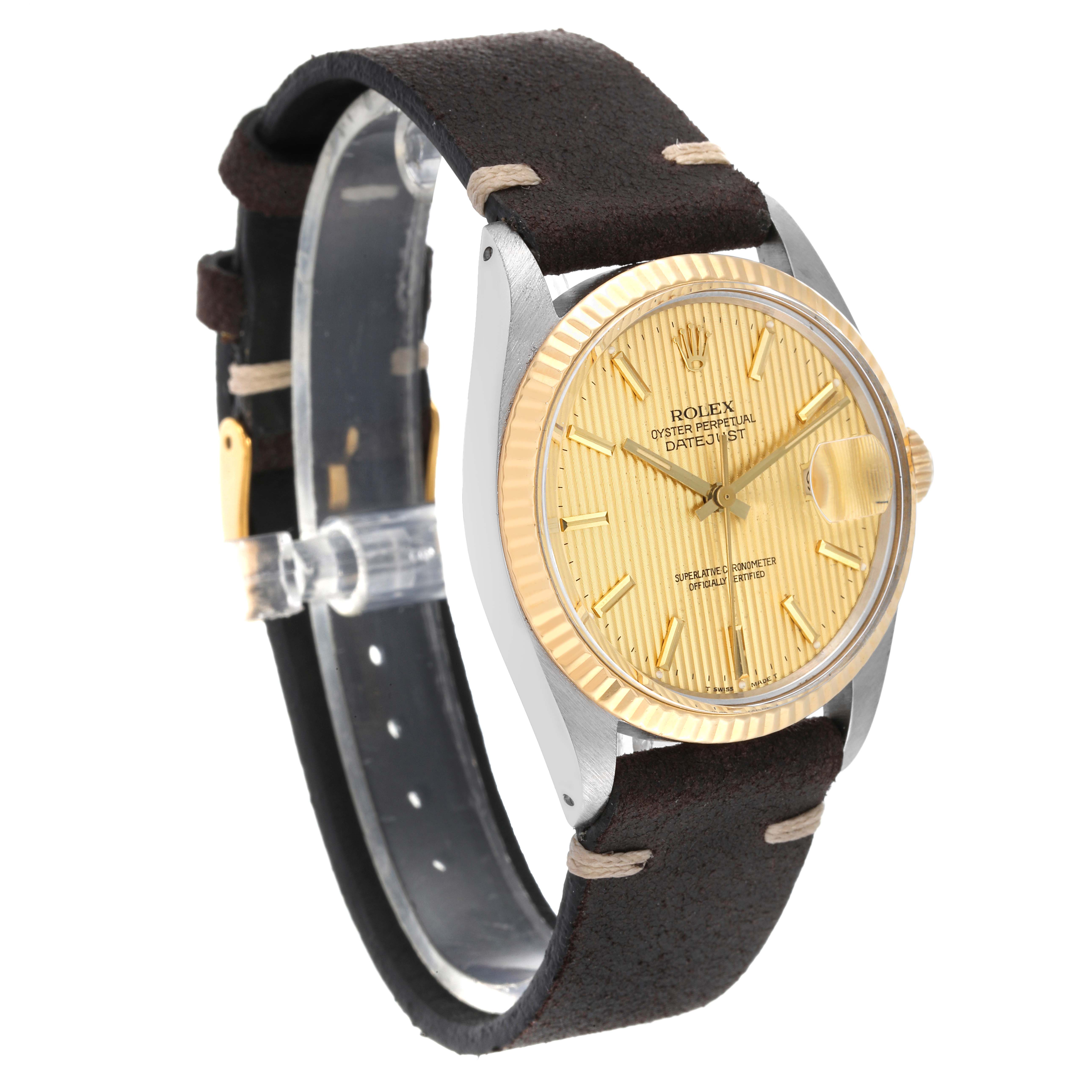 The image shows a side-angle view of the Rolex Datejust 16013 Men's Yellow Gold Champagne Dial 16013 Men's Yellow Gold Champagne Dial watch, highlighting the face, bezel, and leather strap.