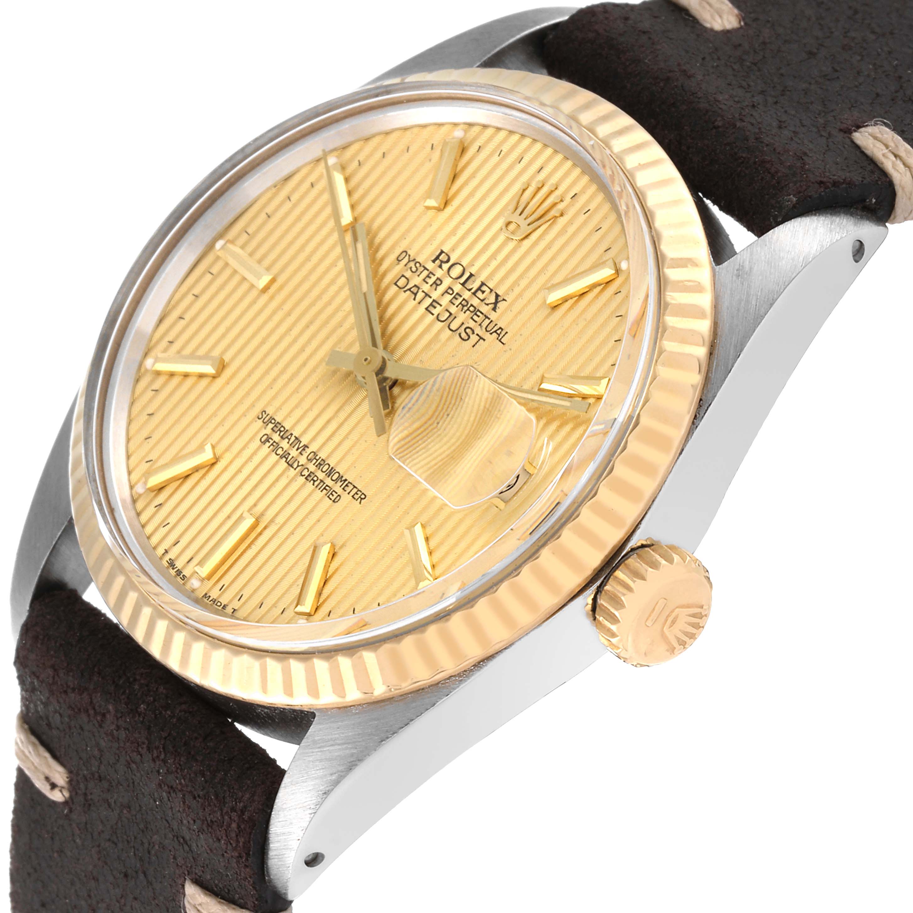 The image shows a close-up side angle of the Rolex Datejust 16013 Men's Yellow Gold Champagne Dial 16013 Men's Yellow Gold Champagne Dial model, displaying the watch face, crown, and part of the strap.