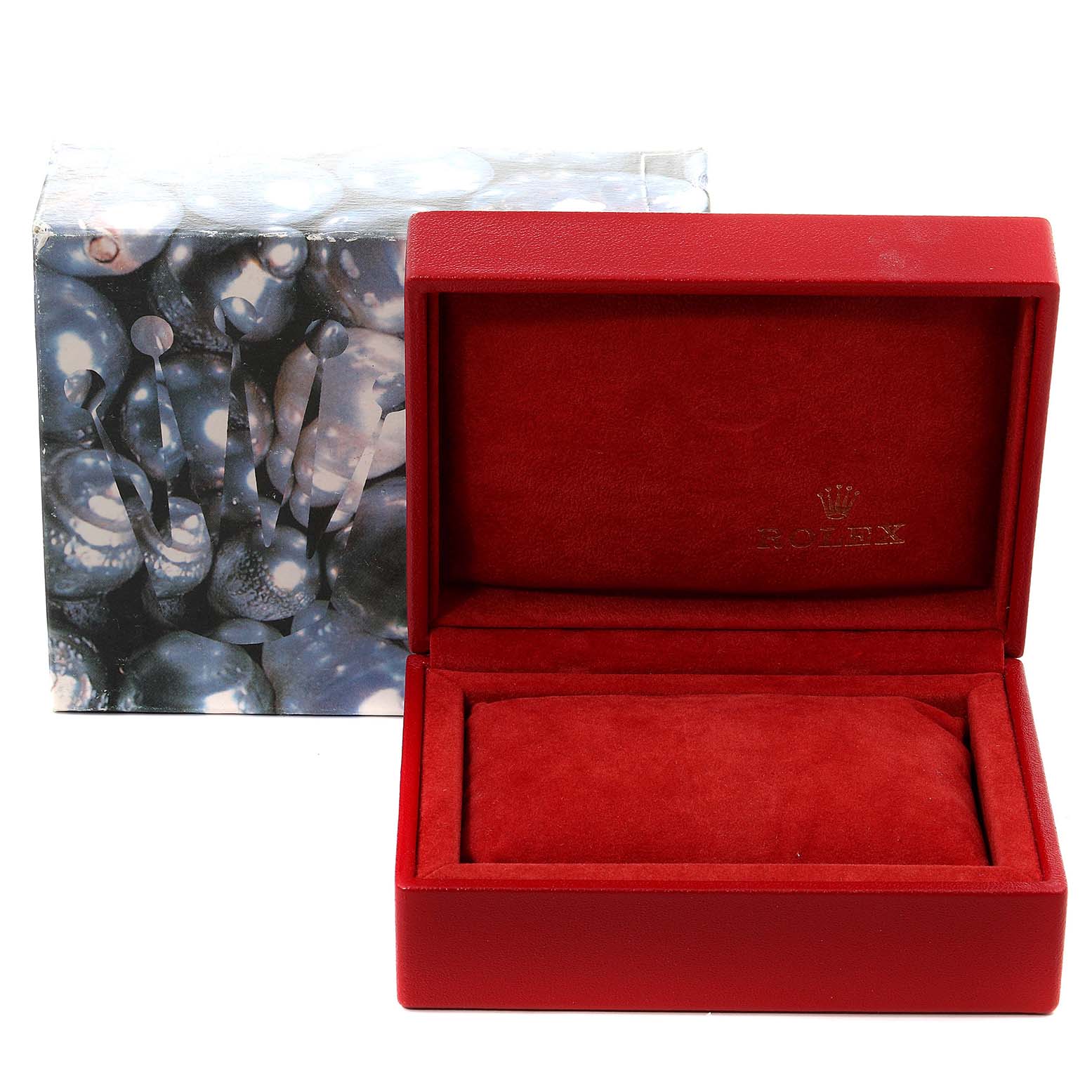 This image shows an open Rolex Datejust 69173 Women's Steel and Gold (two tone) White Dial 69173 Women's Steel and Gold (two tone) White Dial watch box with a red interior and a closed outer packaging box.