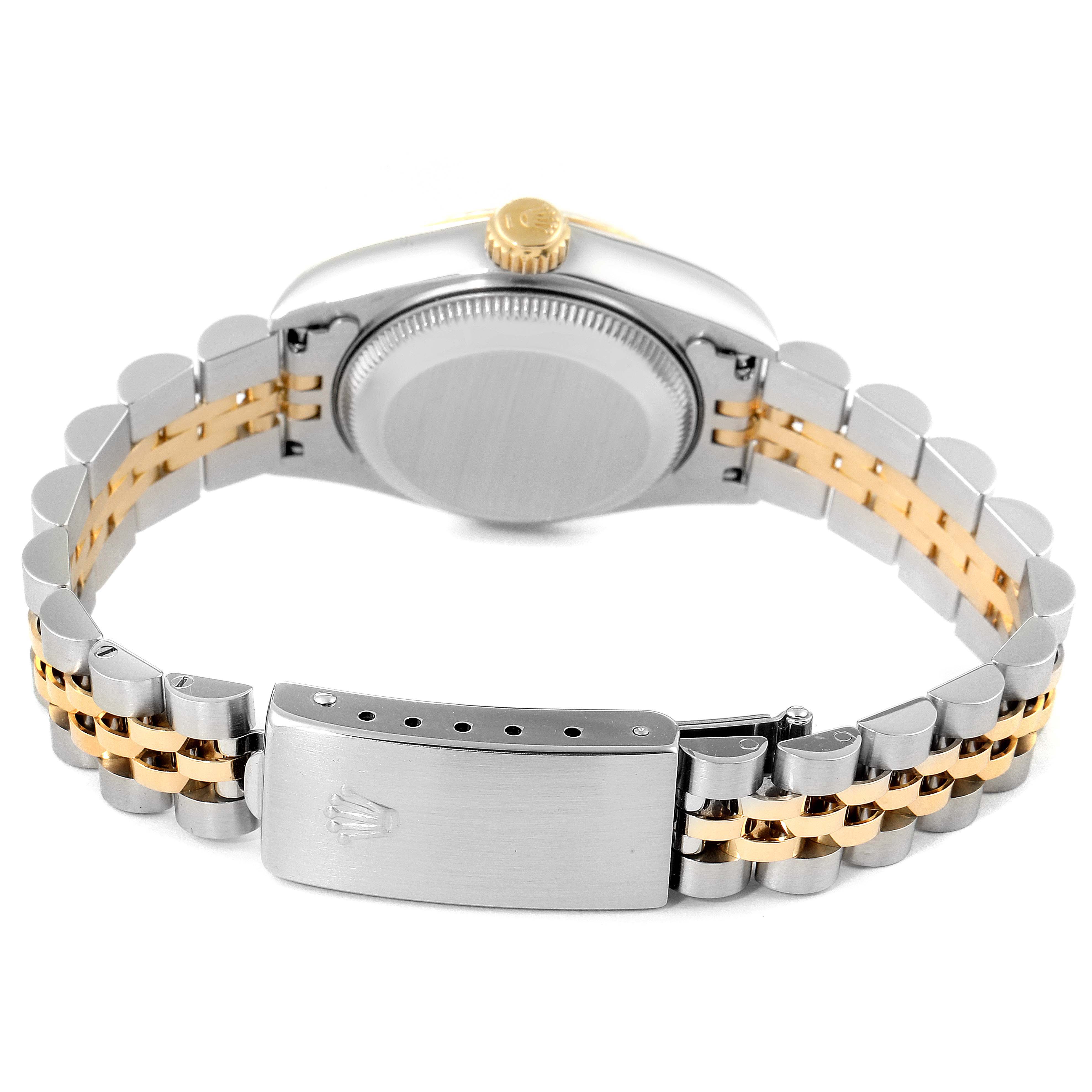 The image shows the back of a Rolex Datejust 69173 Women's Steel and Gold (two tone) White Dial 69173 Women's Steel and Gold (two tone) White Dial watch with its two-tone bracelet and clasp fully visible.