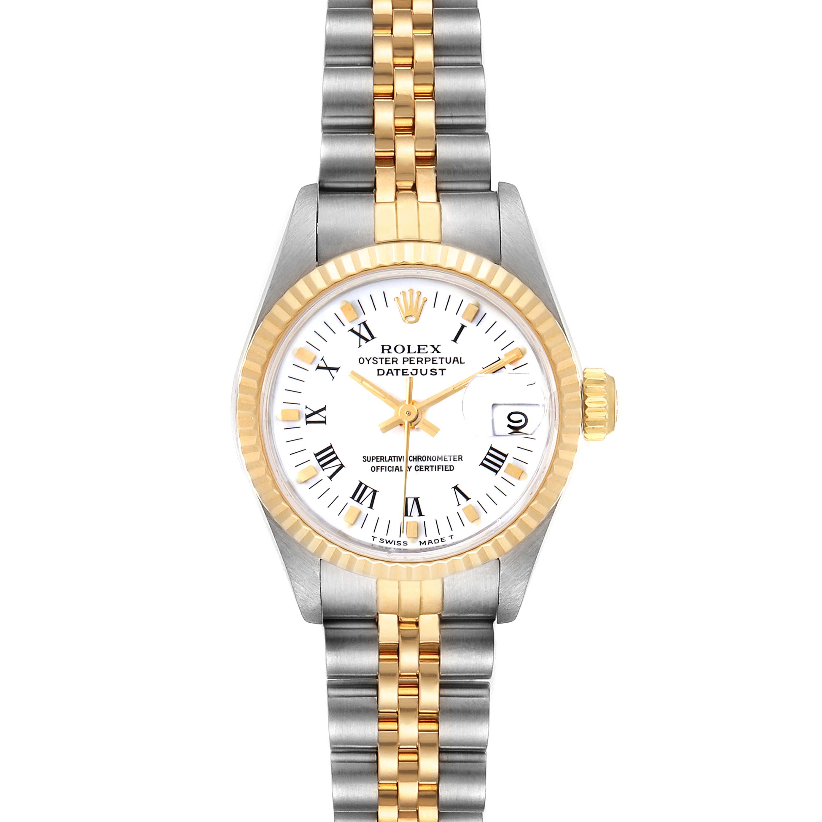 The image shows a front view of a Rolex Datejust 69173 Women's Steel and Gold (two tone) White Dial 69173 Women's Steel and Gold (two tone) White Dial, displaying its dial, bezel, crown, and two-tone bracelet.