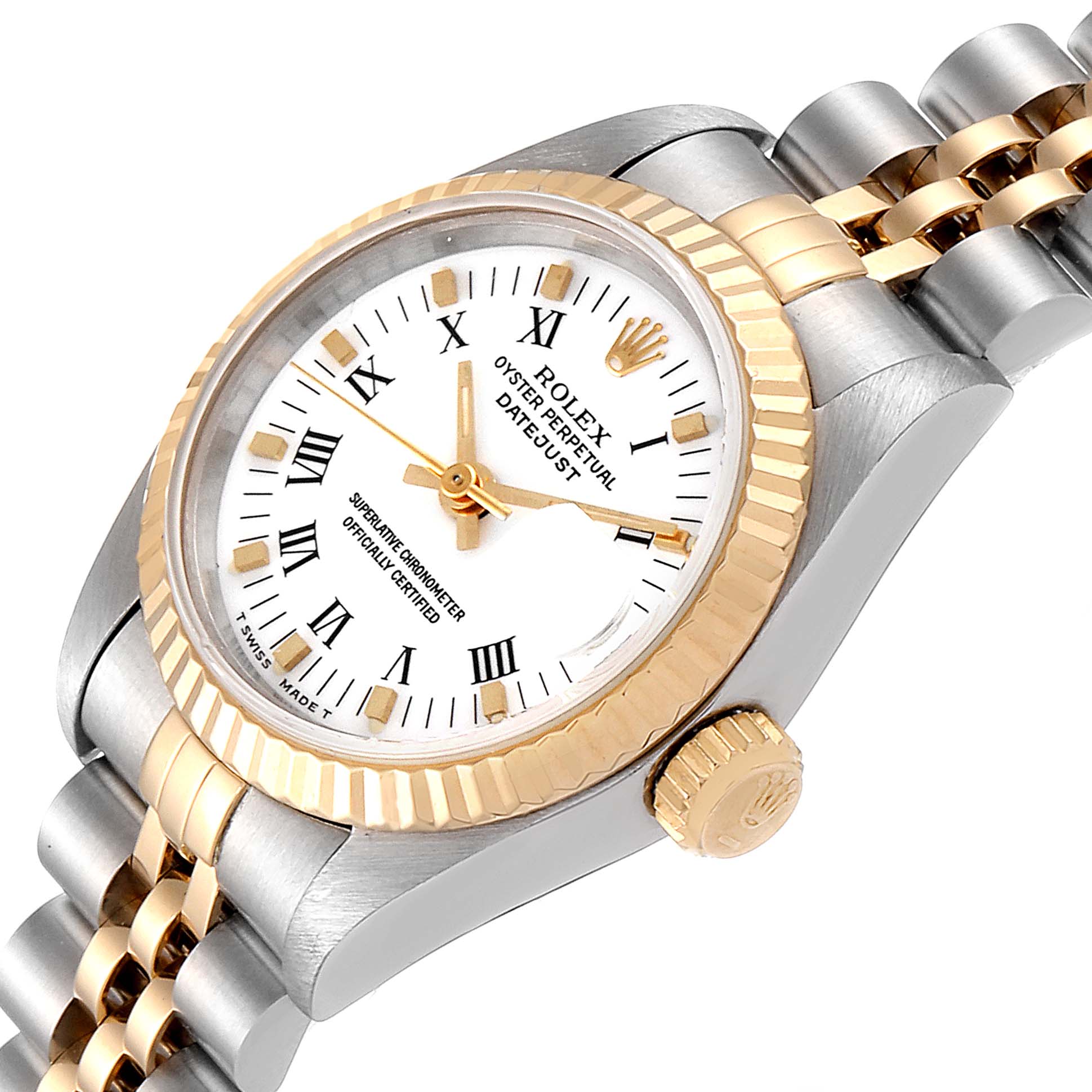 The image shows a Rolex Datejust 69173 Women's Steel and Gold (two tone) White Dial 69173 Women's Steel and Gold (two tone) White Dial watch at a tilted angle, featuring its two-tone bracelet, white dial, and gold fluted bezel.