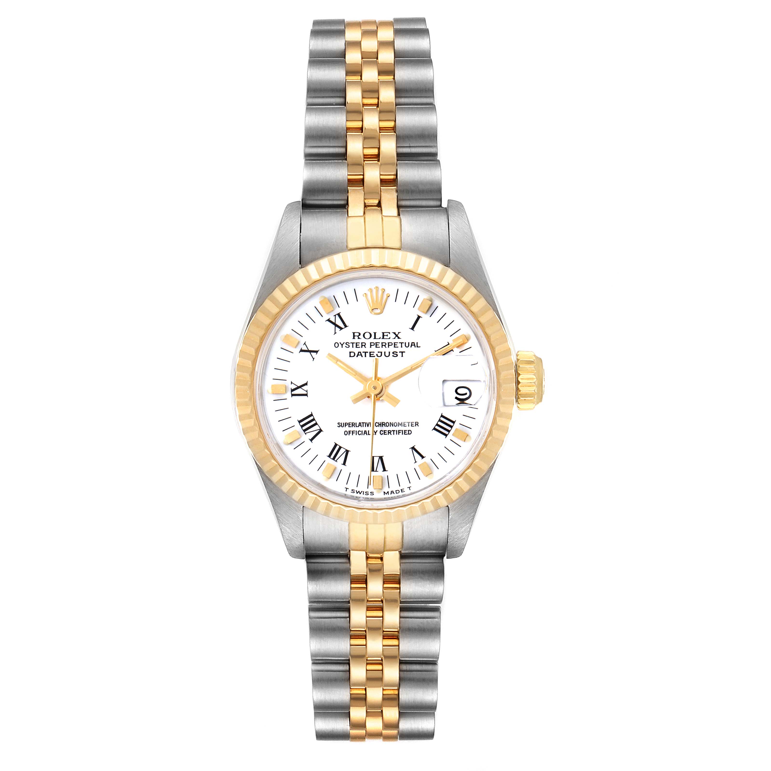 The Rolex Datejust 69173 Women's Steel and Gold (two tone) White Dial 69173 Women's Steel and Gold (two tone) White Dial watch is shown from a top-down angle, displaying the dial, bezel, case, and bracelet.