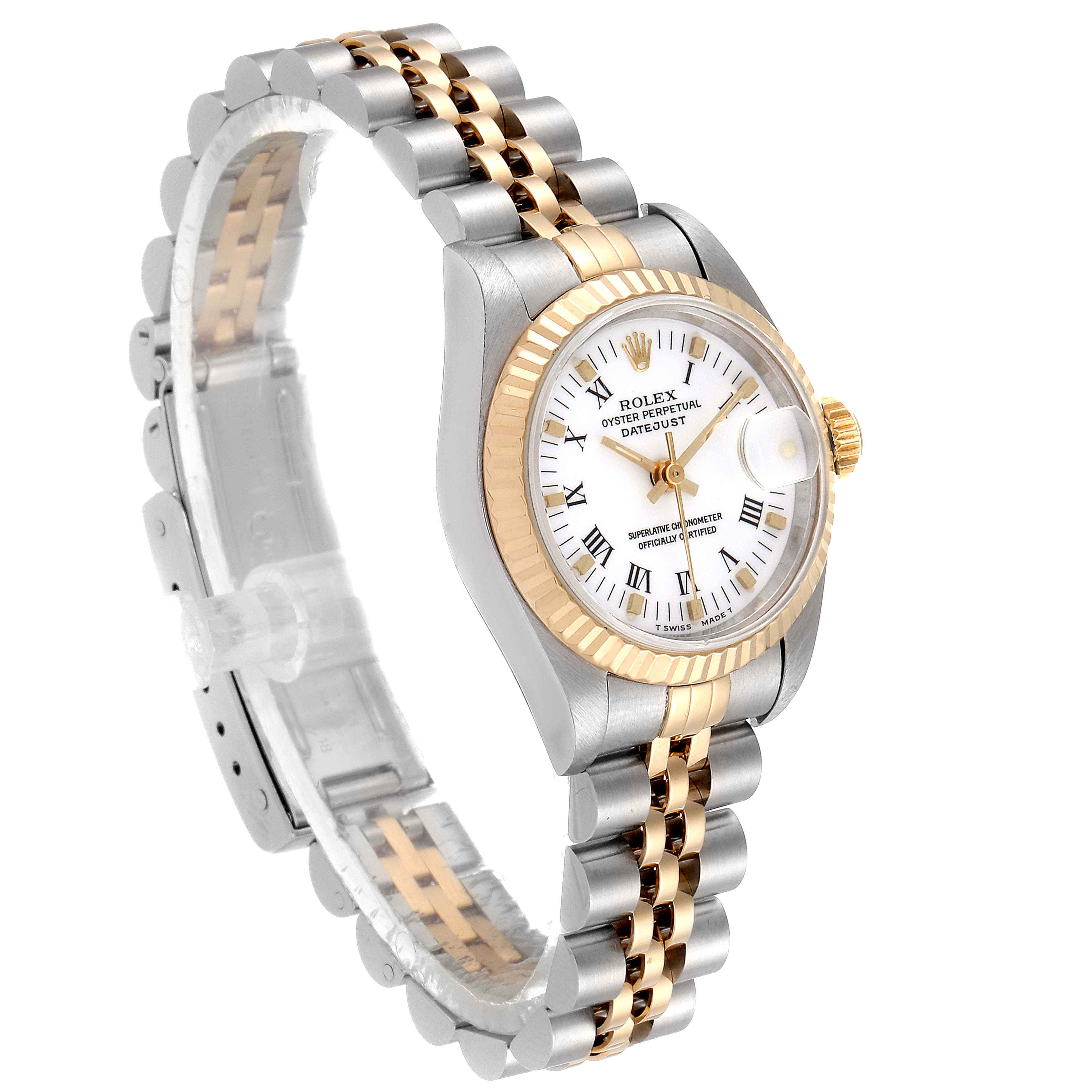 The image shows a Rolex Datejust 69173 Women's Steel and Gold (two tone) White Dial 69173 Women's Steel and Gold (two tone) White Dial watch at a three-quarter angle, displaying its face, bracelet, and fluted bezel.