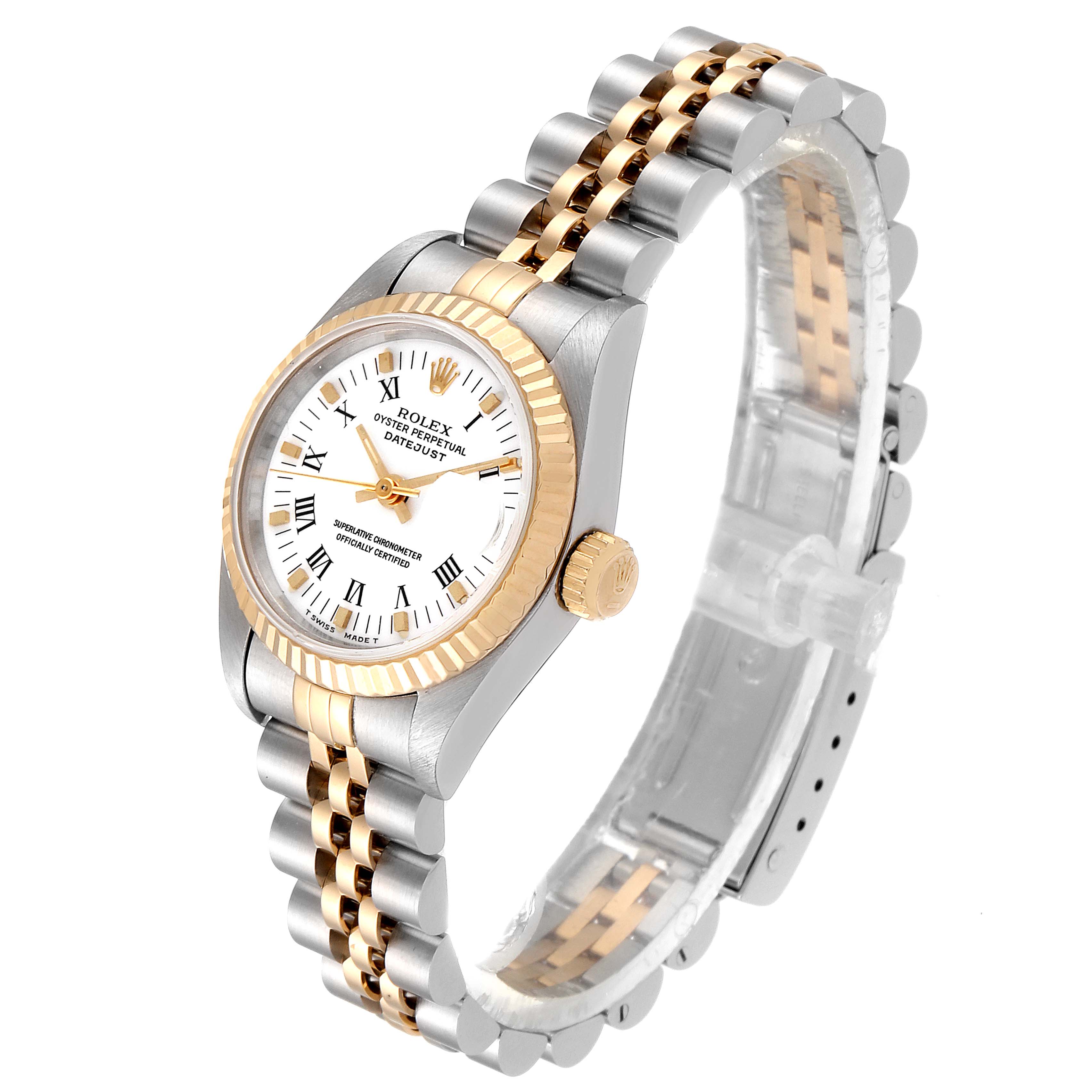 This image shows a Rolex Datejust 69173 Women's Steel and Gold (two tone) White Dial 69173 Women's Steel and Gold (two tone) White Dial watch from a three-quarter angle, highlighting the face, bezel, crown, and two-tone bracelet.