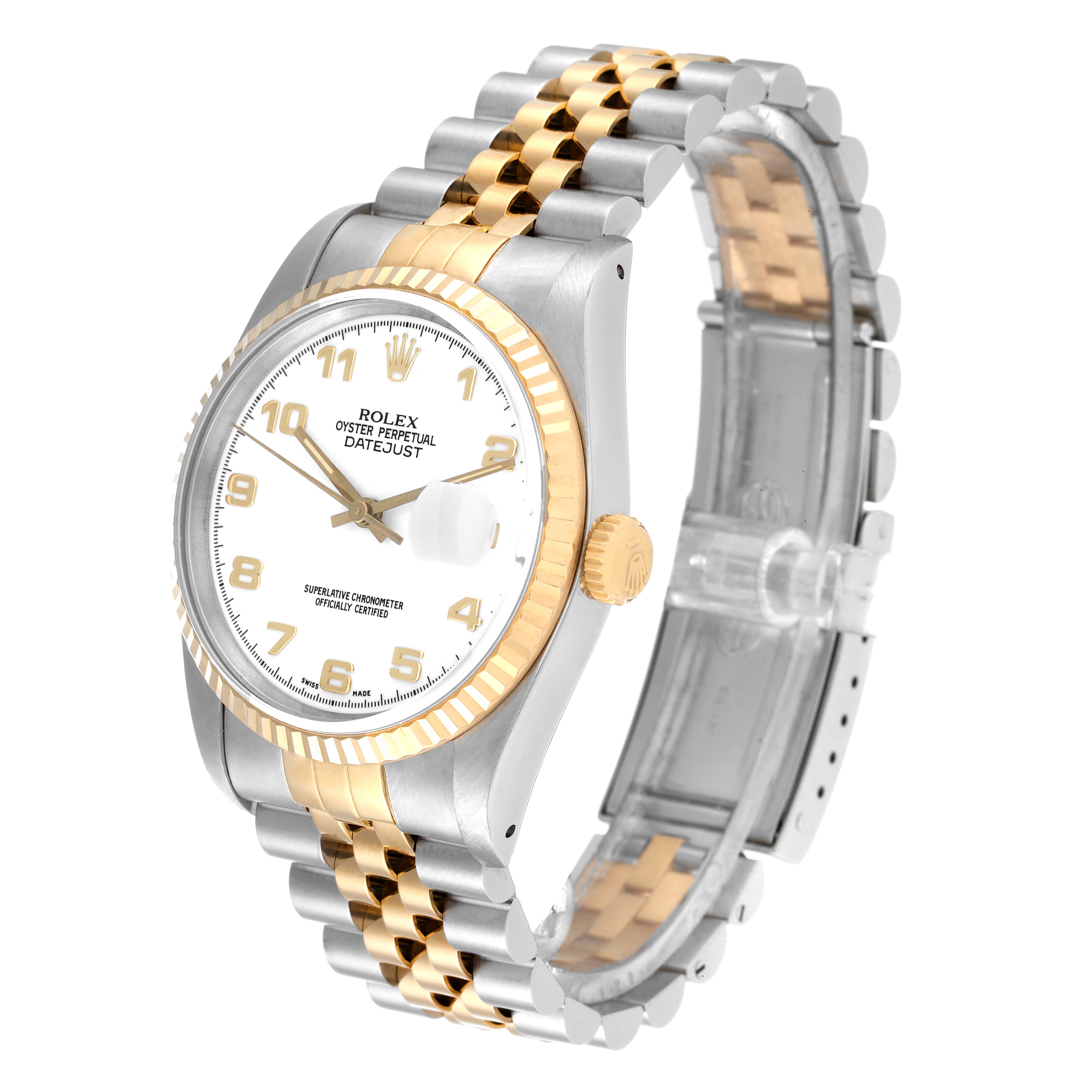 The Rolex Datejust 16233 Men's Steel and Gold (two tone) White Dial 16233 Men's Steel and Gold (two tone) White Dial watch is shown at a three-quarter angle, highlighting the dial, crown, and two-tone bracelet.