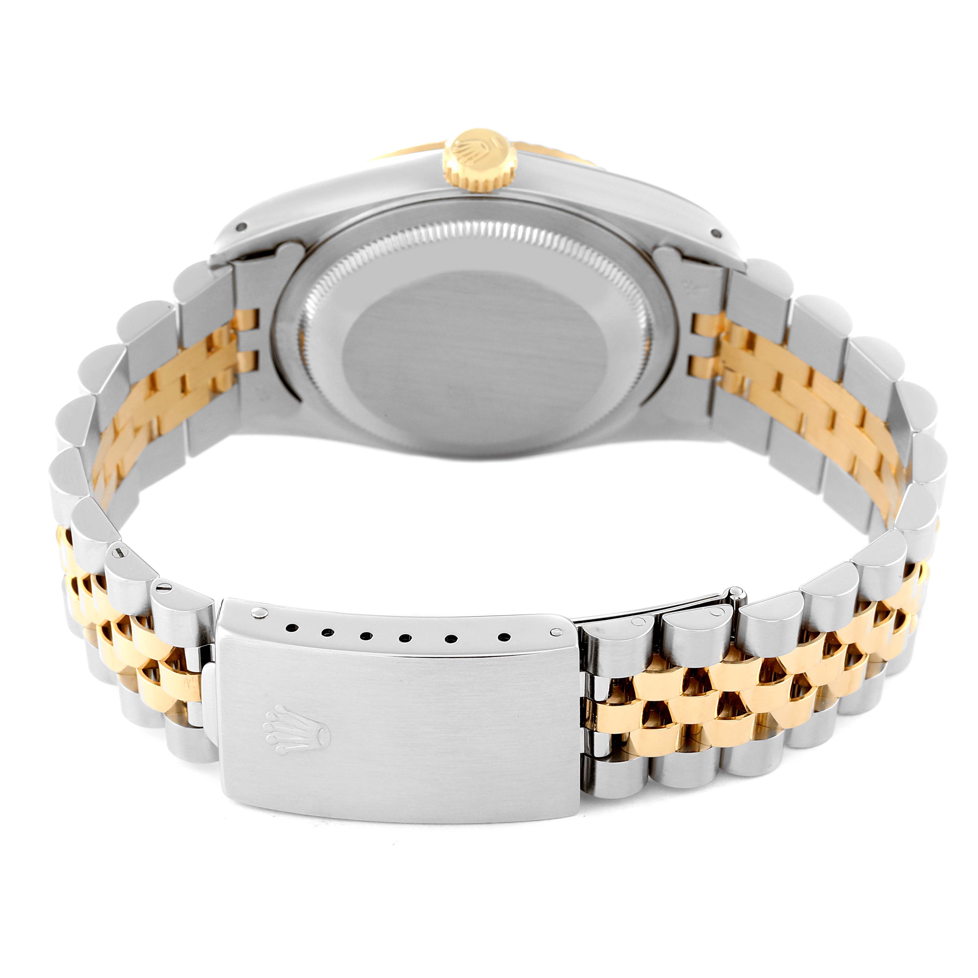 The image shows the backside and bracelet of a Rolex Datejust 16233 Men's Steel and Gold (two tone) White Dial 16233 Men's Steel and Gold (two tone) White Dial watch at a rear-angle view.