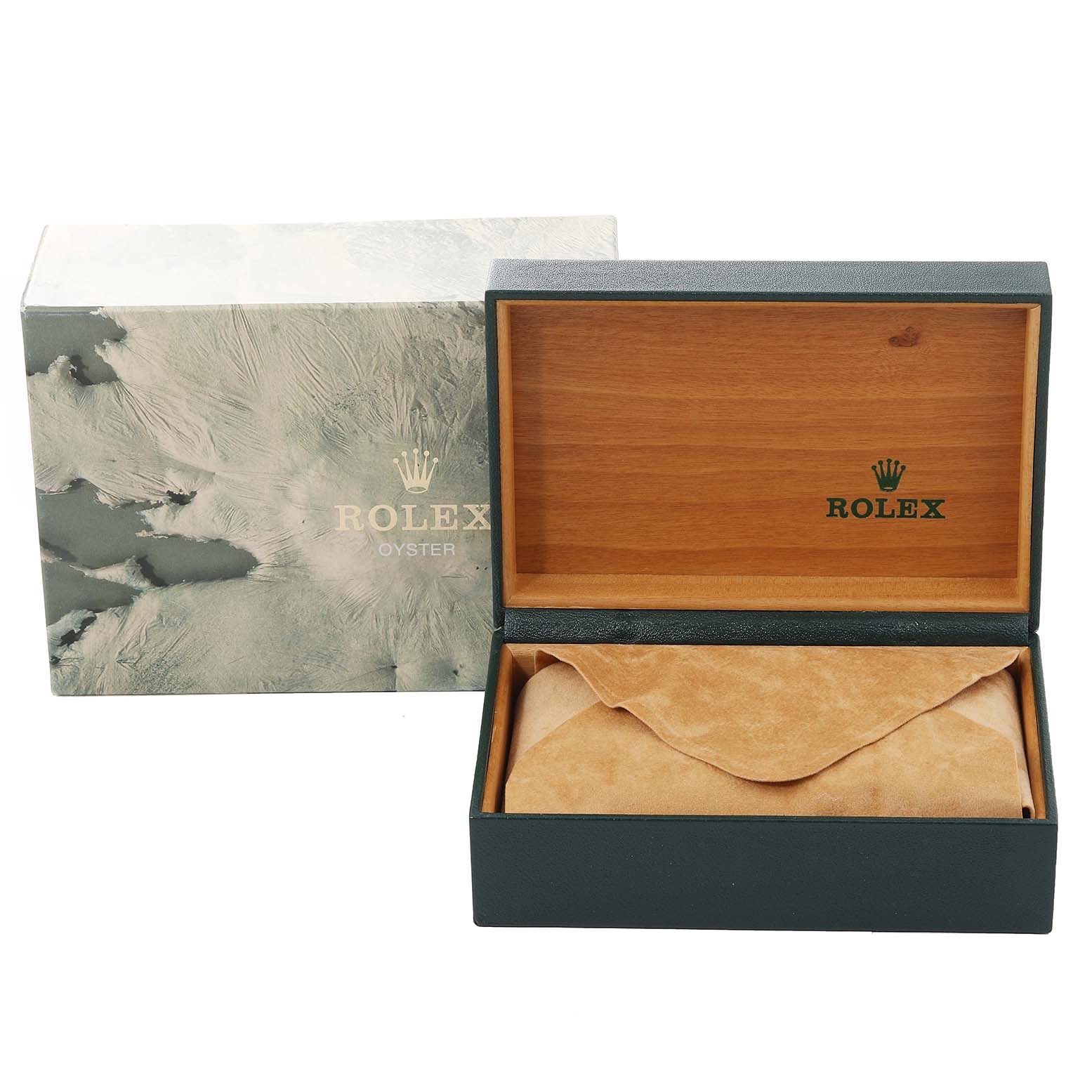 The image shows an open Rolex Datejust 16233 Men's Steel and Gold (two tone) White Dial 16233 Men's Steel and Gold (two tone) White Dial box and its green protective outer box with the Rolex logo.