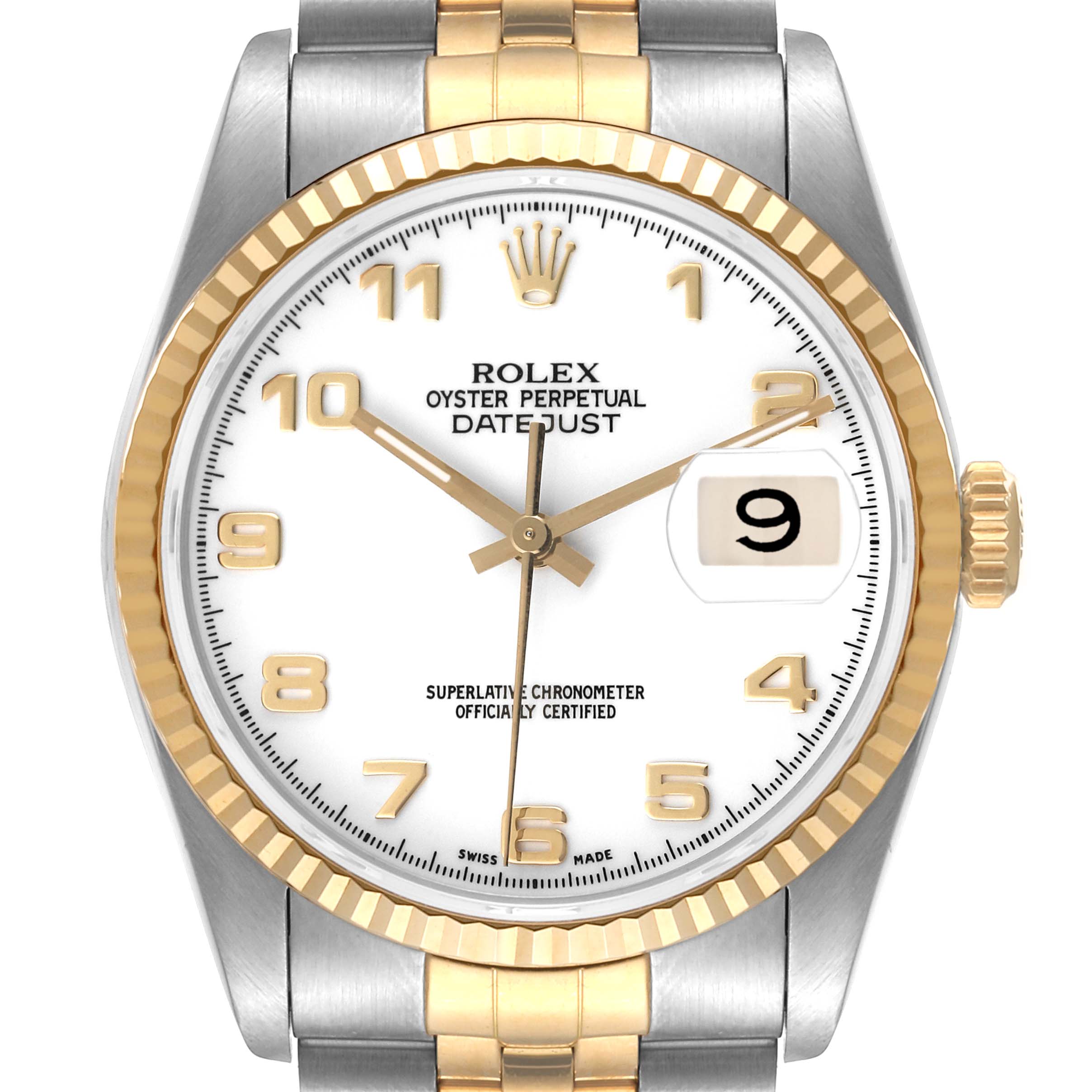 This image shows a front angle of a Rolex Datejust 16233 Men's Steel and Gold (two tone) White Dial 16233 Men's Steel and Gold (two tone) White Dial watch, highlighting the dial, bezel, and part of the bracelet.