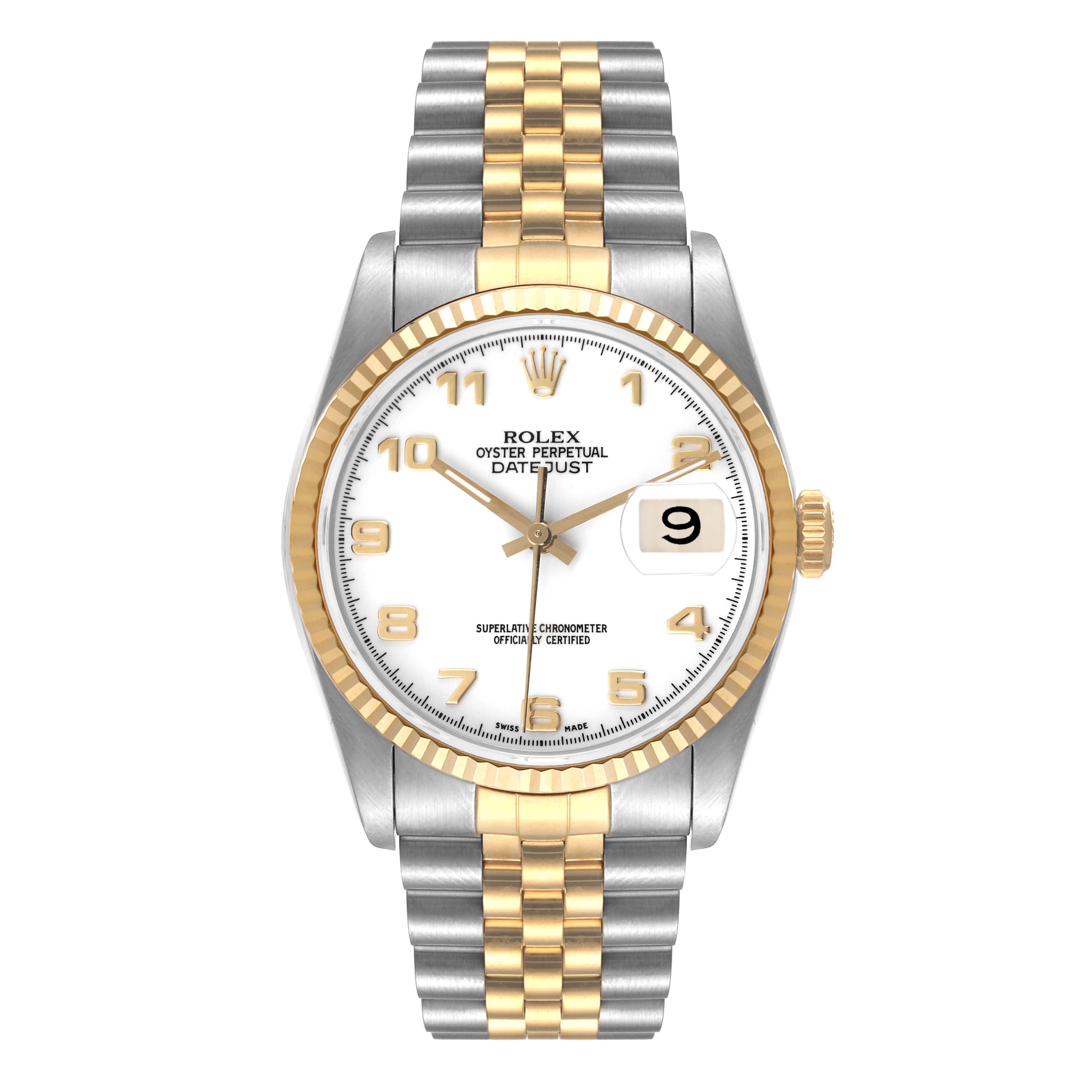 The Rolex Datejust 16233 Men's Steel and Gold (two tone) White Dial 16233 Men's Steel and Gold (two tone) White Dial watch is shown from a front angle, displaying its dial, bezel, crown, bracelet, and date window.
