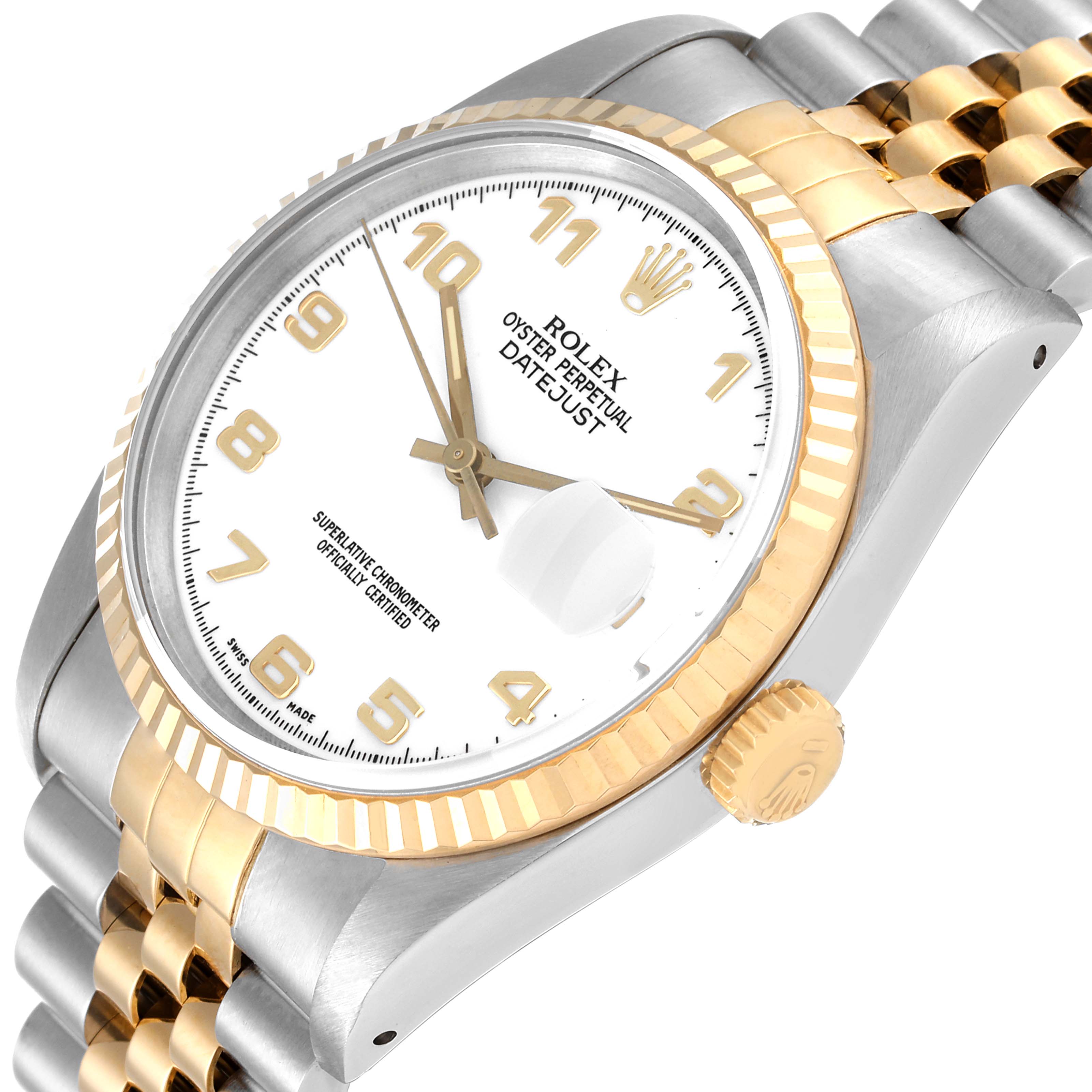 The image shows a close-up angle of a Rolex Datejust 16233 Men's Steel and Gold (two tone) White Dial 16233 Men's Steel and Gold (two tone) White Dial watch, featuring its face, fluted bezel, crown, and part of the bracelet.