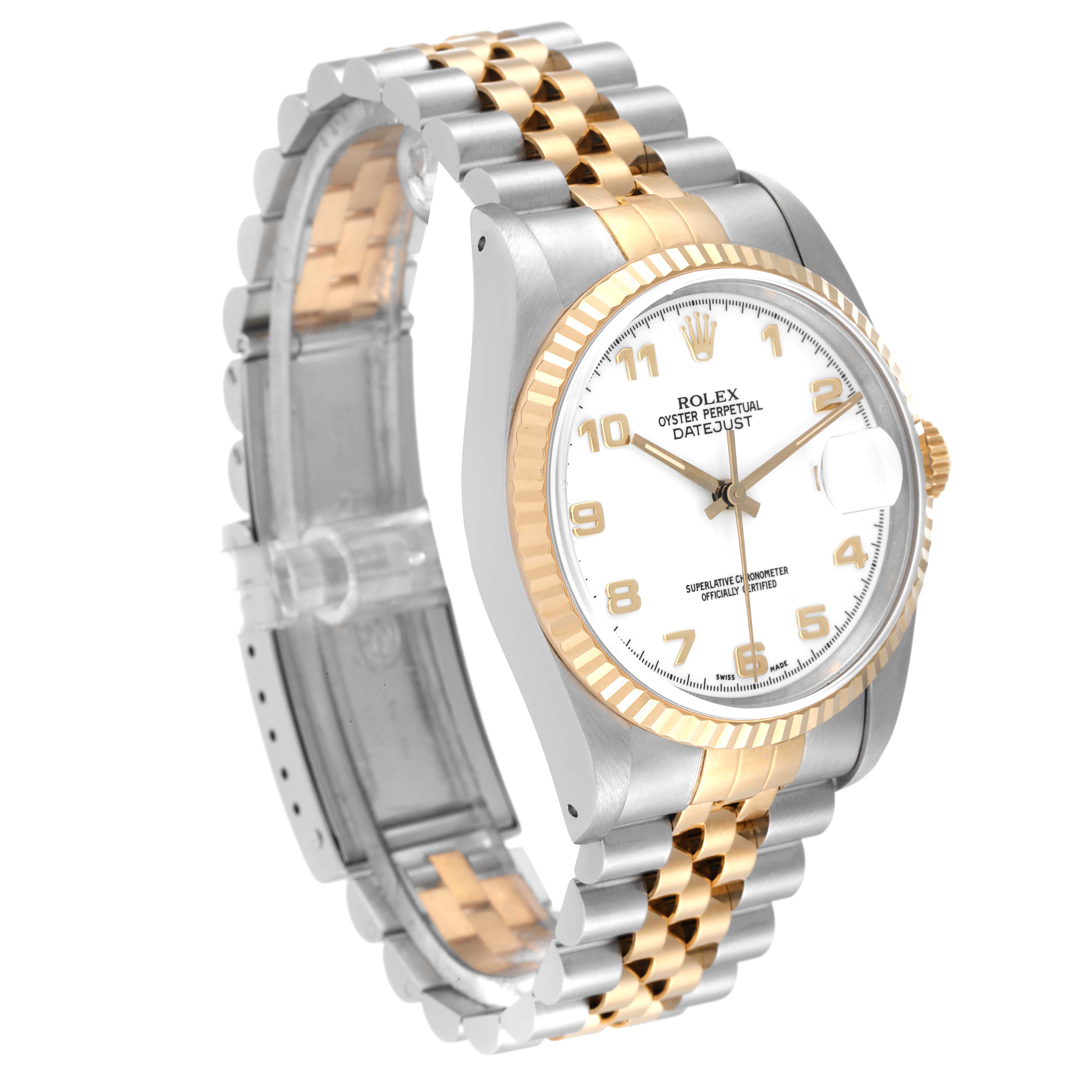 A Rolex Datejust 16233 Men's Steel and Gold (two tone) White Dial 16233 Men's Steel and Gold (two tone) White Dial watch is shown from a front angle, highlighting its white dial, gold fluted bezel, and two-tone Jubilee bracelet.
