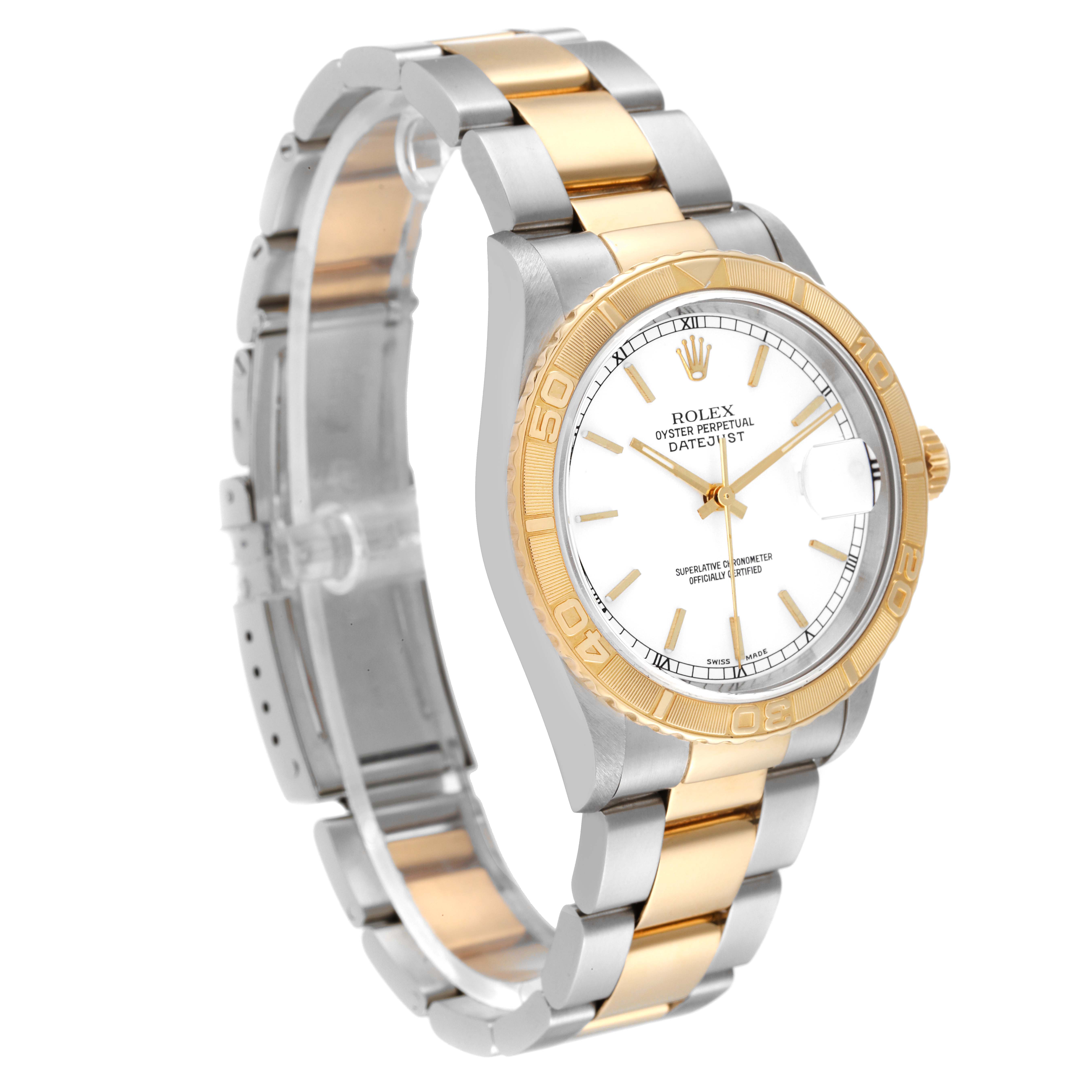 The Rolex Turn-o-Graph 16263 Men's Steel and Gold (two tone) White Dial 16263 Men's Steel and Gold (two tone) White Dial watch is shown at an oblique angle, highlighting its dial, bezel, and two-tone bracelet.