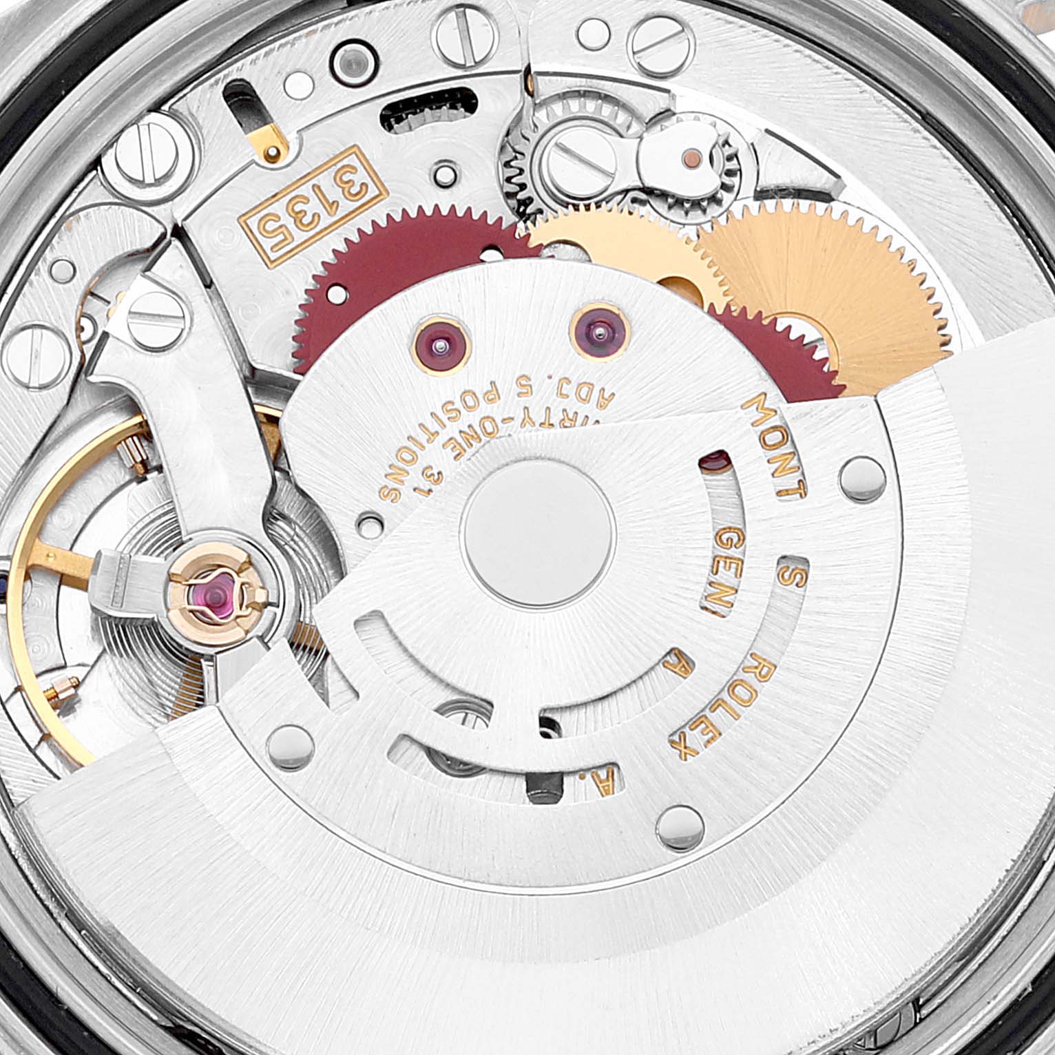 This image shows a close-up of the internal mechanism of a Rolex Turn-o-Graph 16263 Men's Steel and Gold (two tone) White Dial 16263 Men's Steel and Gold (two tone) White Dial watch, highlighting its gears and components.