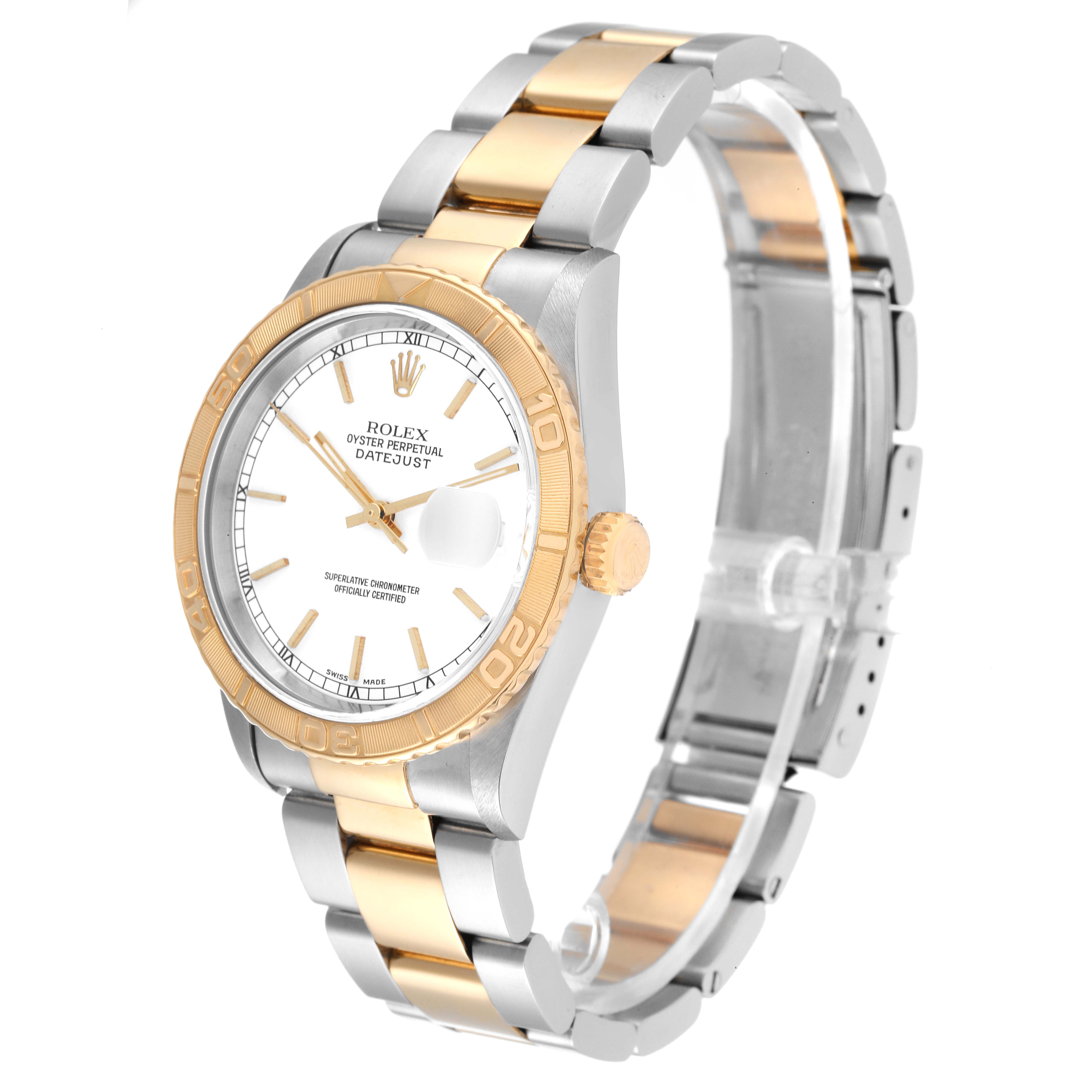 This image shows a Rolex Turn-o-Graph 16263 Men's Steel and Gold (two tone) White Dial 16263 Men's Steel and Gold (two tone) White Dial watch at an angled view, highlighting its case, bezel, dial, and bracelet.
