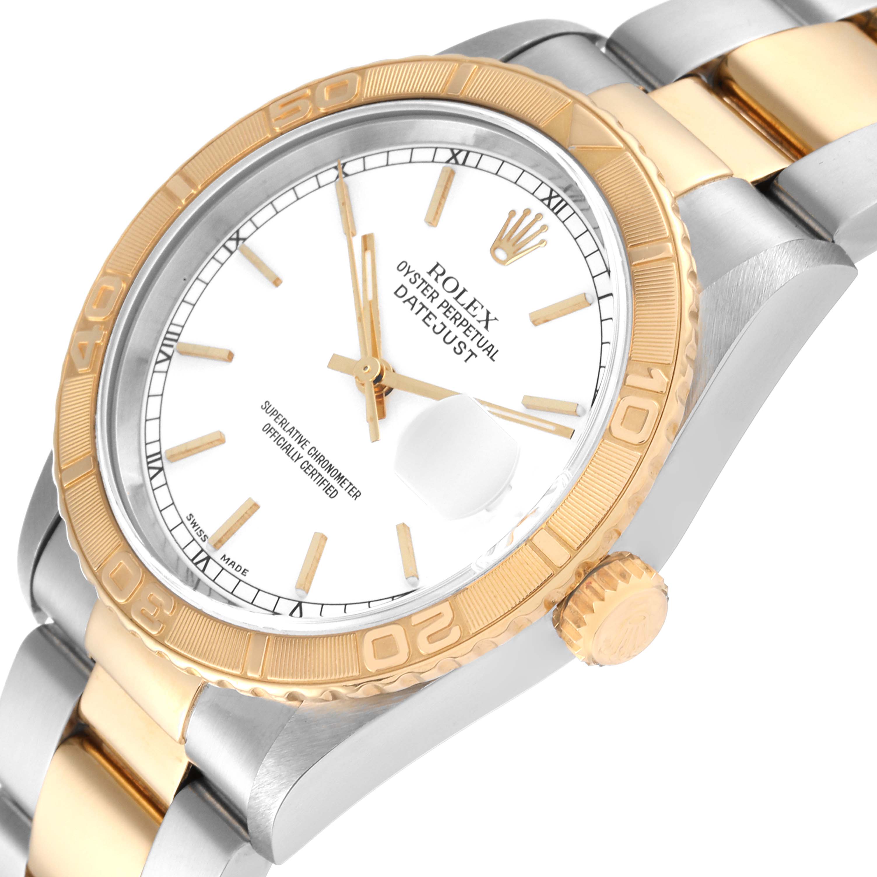 The image shows a Rolex Turn-o-Graph 16263 Men's Steel and Gold (two tone) White Dial 16263 Men's Steel and Gold (two tone) White Dial watch at an angled view, highlighting the dial, bezel, crown, and part of the bracelet.