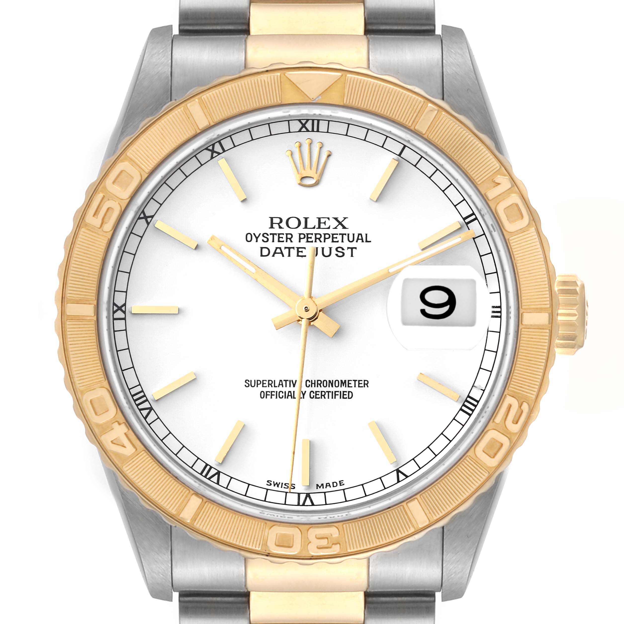 This image shows a frontal view of a Rolex Turn-o-Graph 16263 Men's Steel and Gold (two tone) White Dial 16263 Men's Steel and Gold (two tone) White Dial watch, highlighting its dial, bezel, and part of the band.